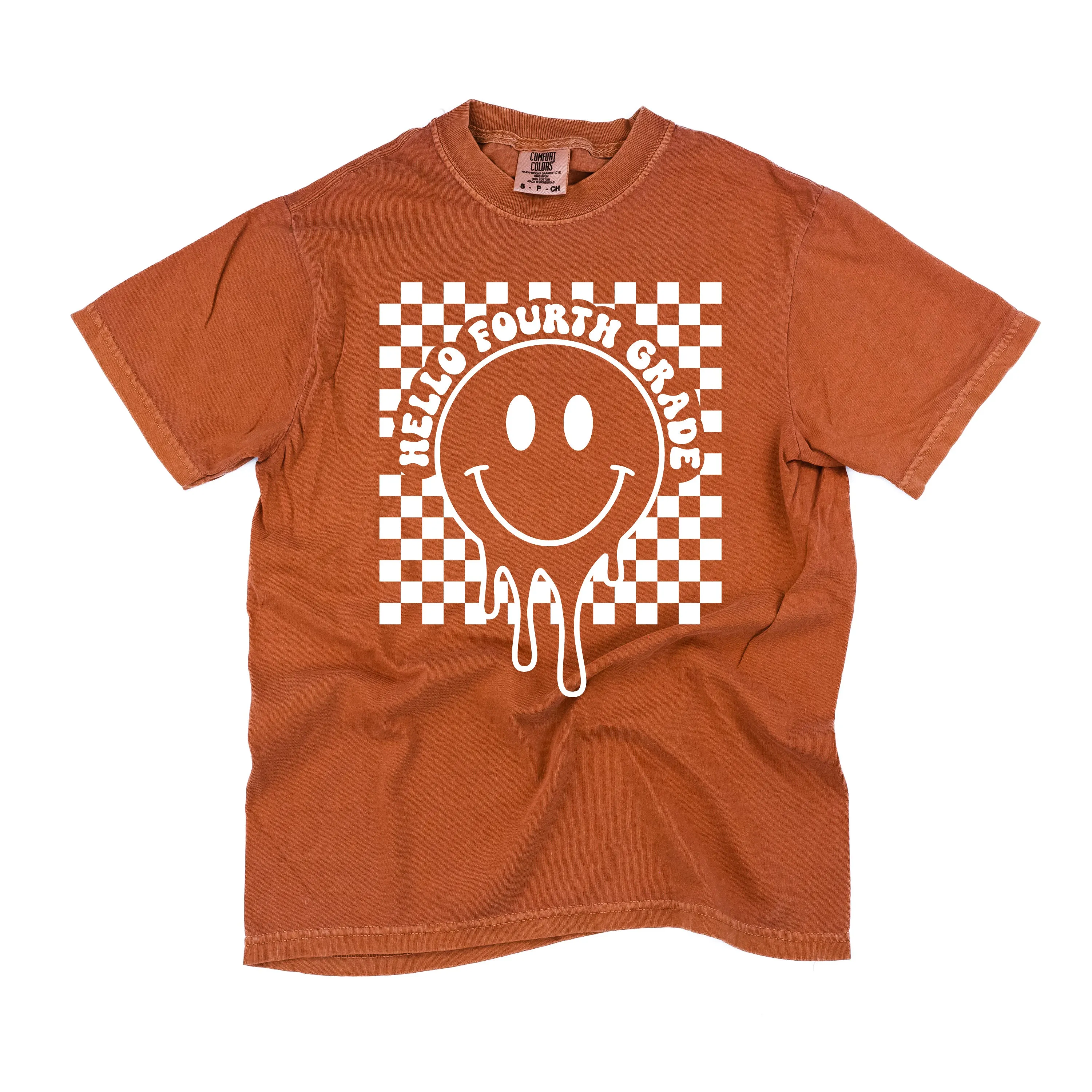 Hello Fourth Grade - Checker Smiley - SHORT SLEEVE COMFORT COLORS TEE