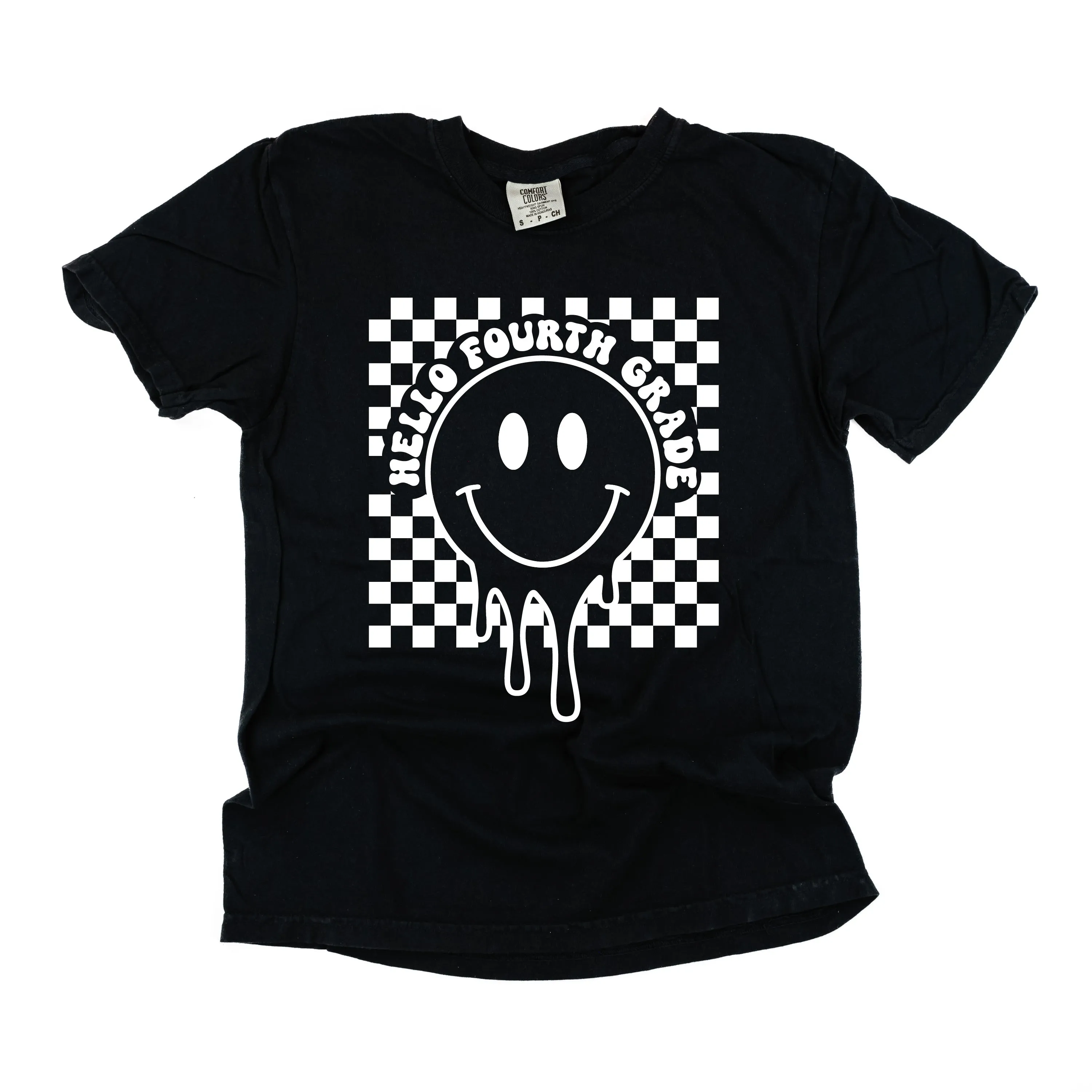 Hello Fourth Grade - Checker Smiley - SHORT SLEEVE COMFORT COLORS TEE