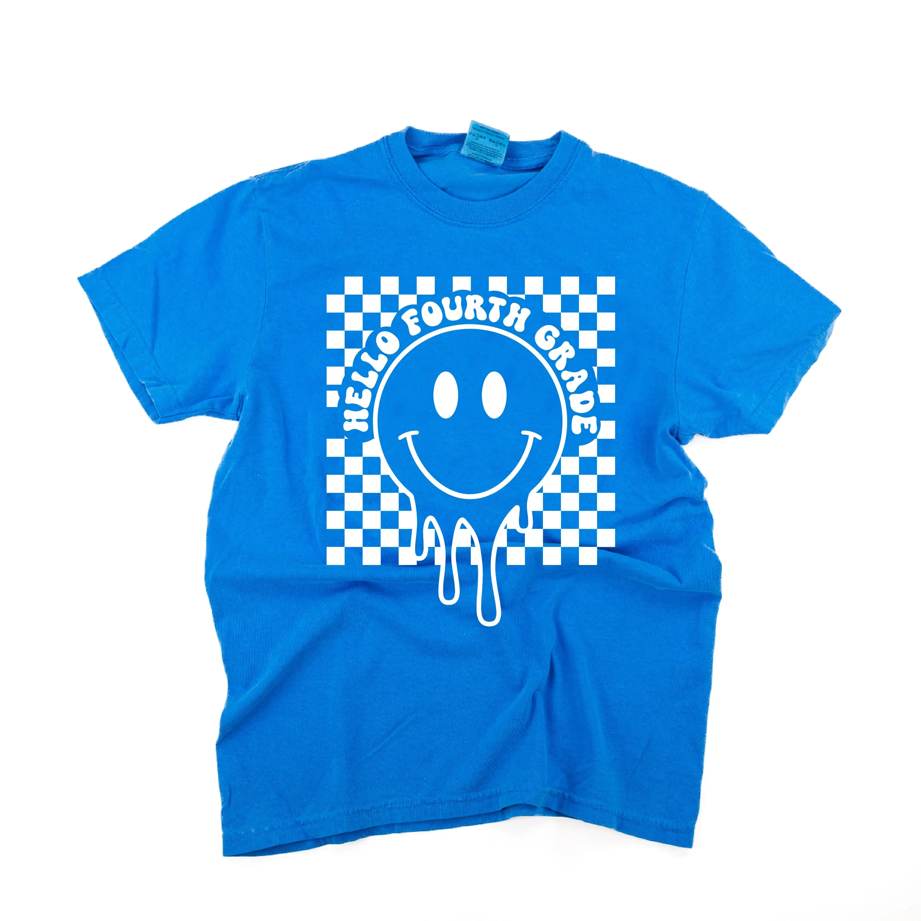 Hello Fourth Grade - Checker Smiley - SHORT SLEEVE COMFORT COLORS TEE