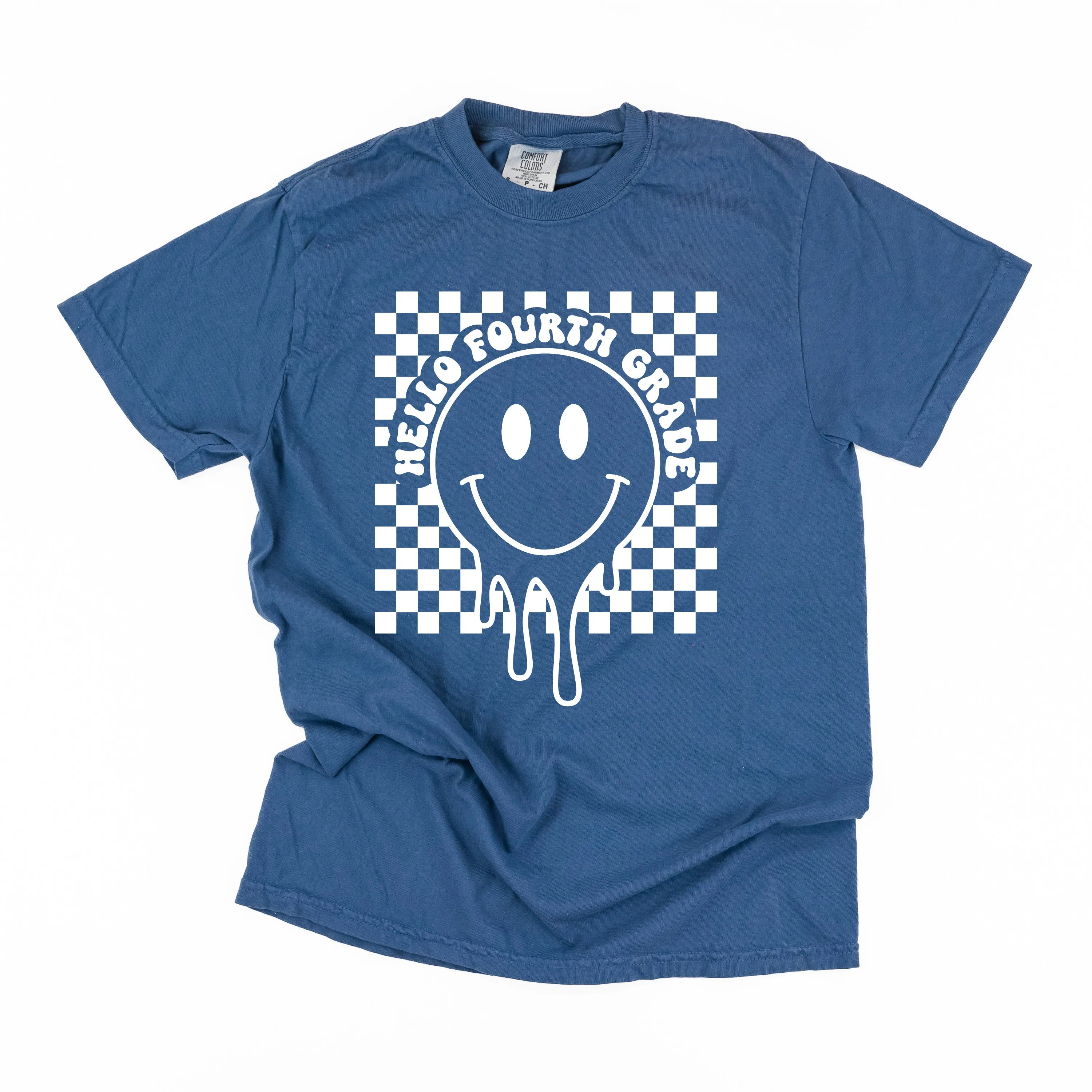 Hello Fourth Grade - Checker Smiley - SHORT SLEEVE COMFORT COLORS TEE