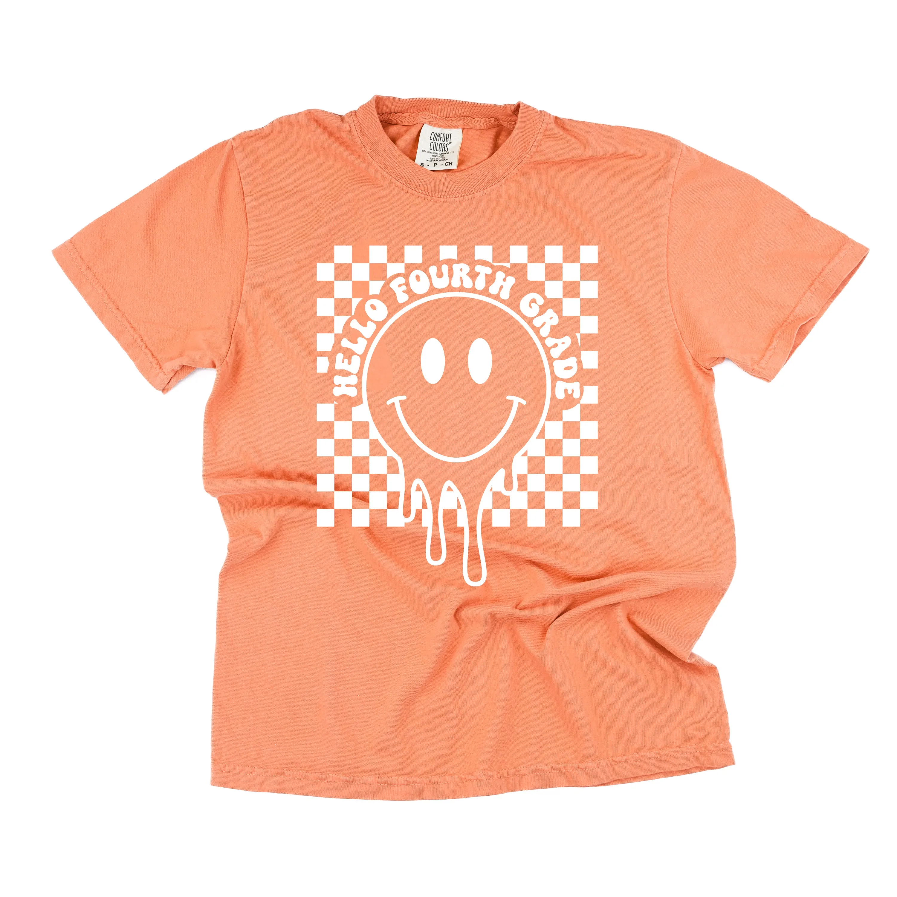 Hello Fourth Grade - Checker Smiley - SHORT SLEEVE COMFORT COLORS TEE