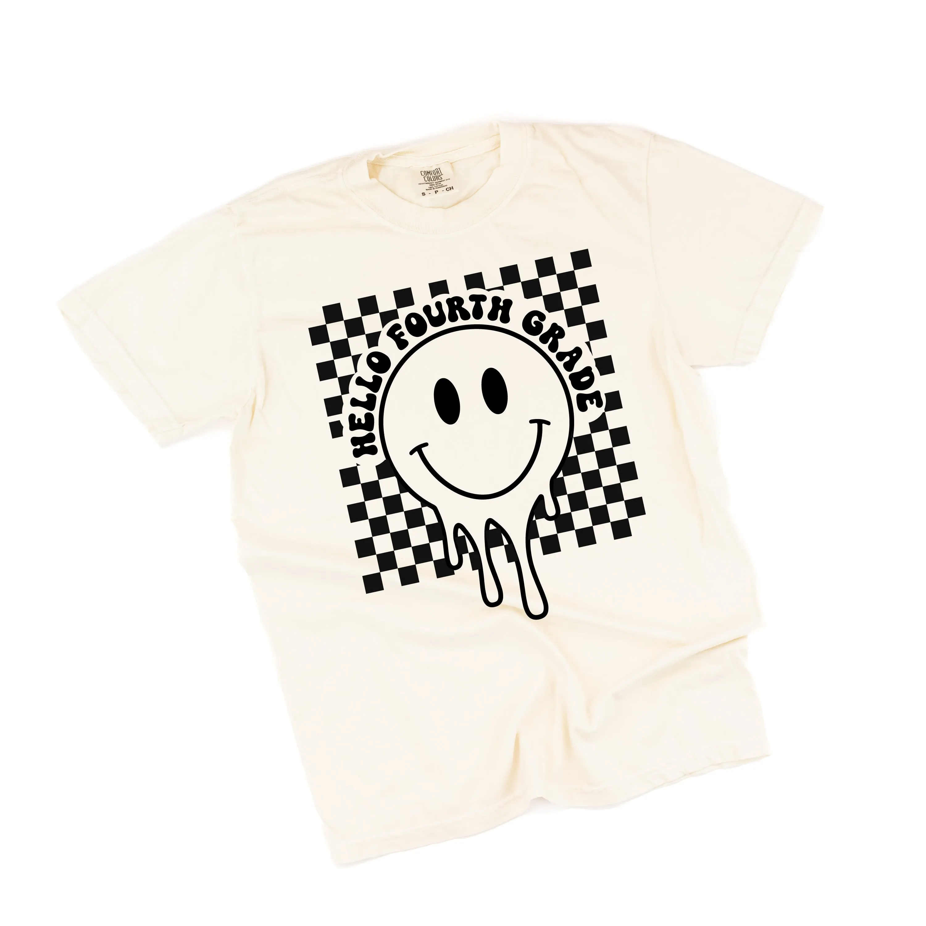 Hello Fourth Grade - Checker Smiley - SHORT SLEEVE COMFORT COLORS TEE