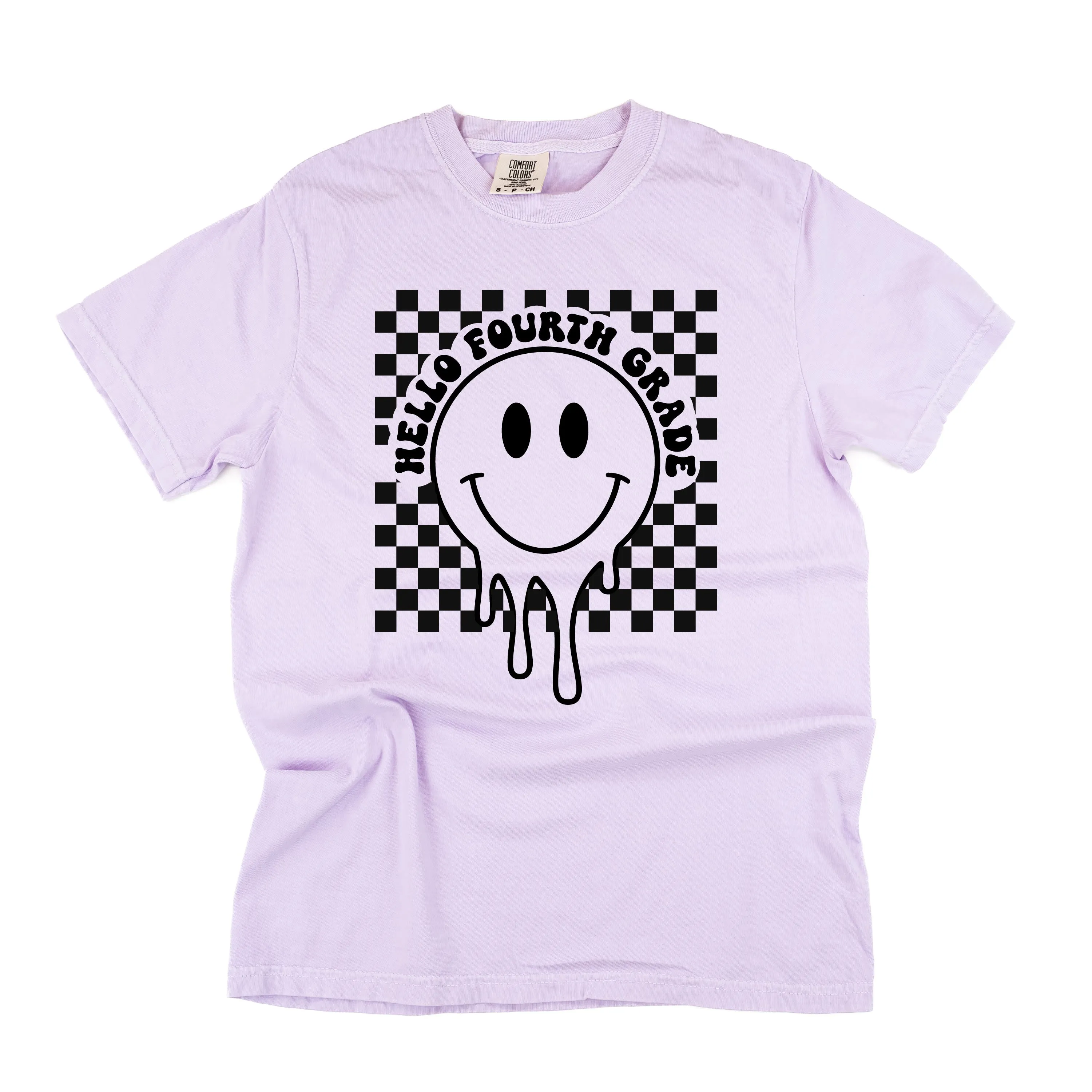 Hello Fourth Grade - Checker Smiley - SHORT SLEEVE COMFORT COLORS TEE