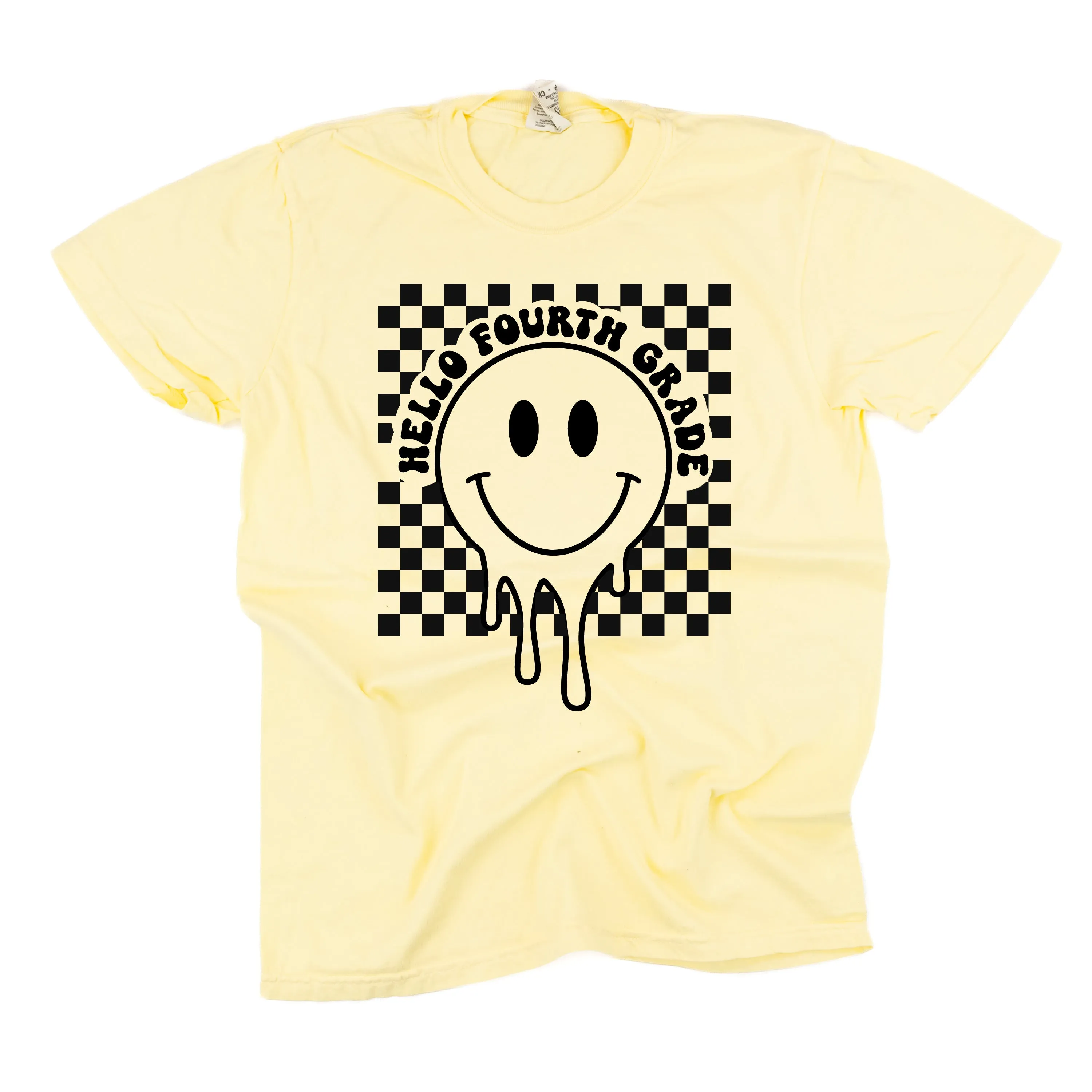 Hello Fourth Grade - Checker Smiley - SHORT SLEEVE COMFORT COLORS TEE