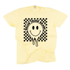 Hello Third Grade - Checker Smiley - SHORT SLEEVE COMFORT COLORS TEE