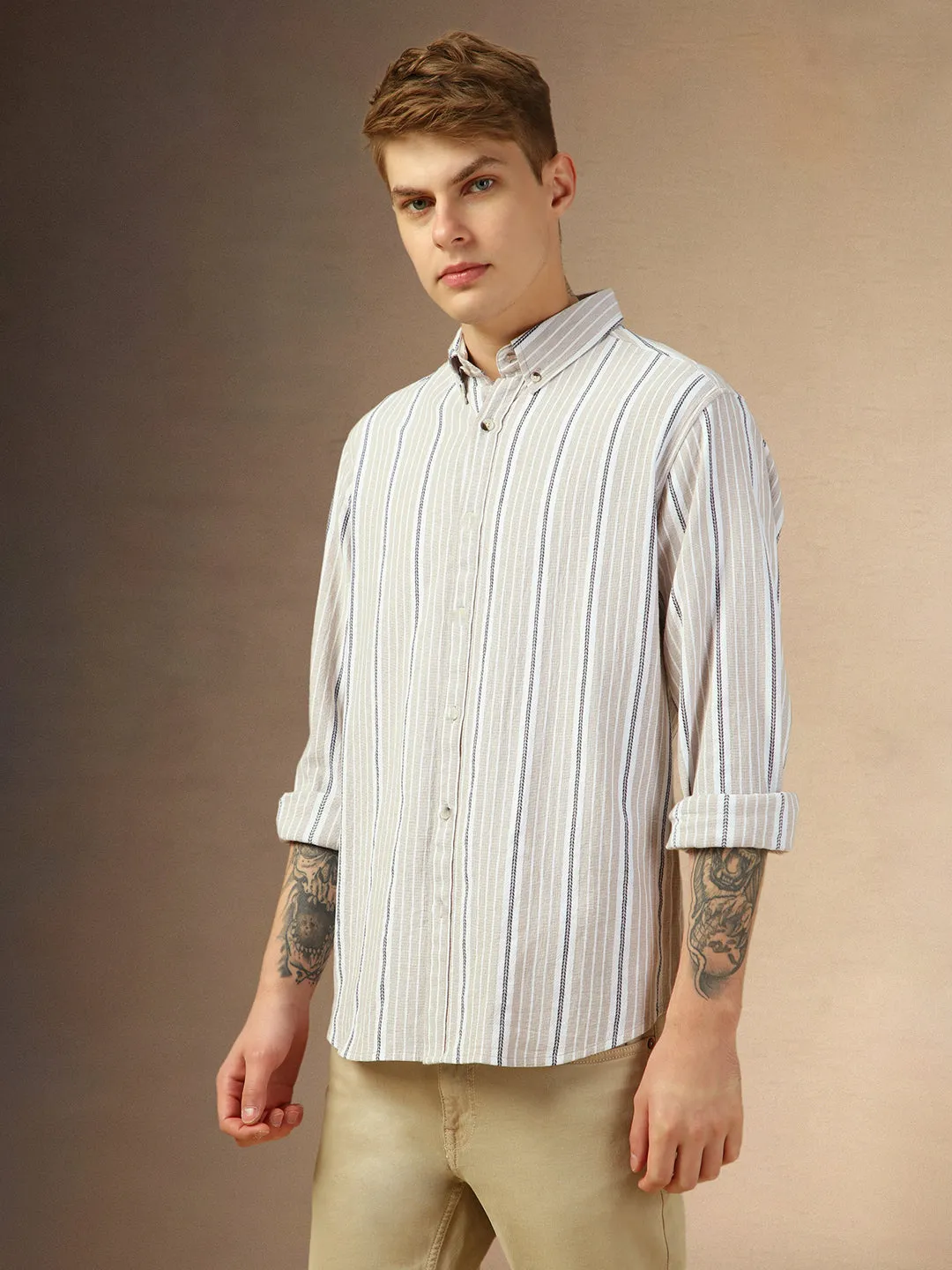 Men's Beige Striped Button Down Collar Full Sleeves Relaxed Fit Shirt