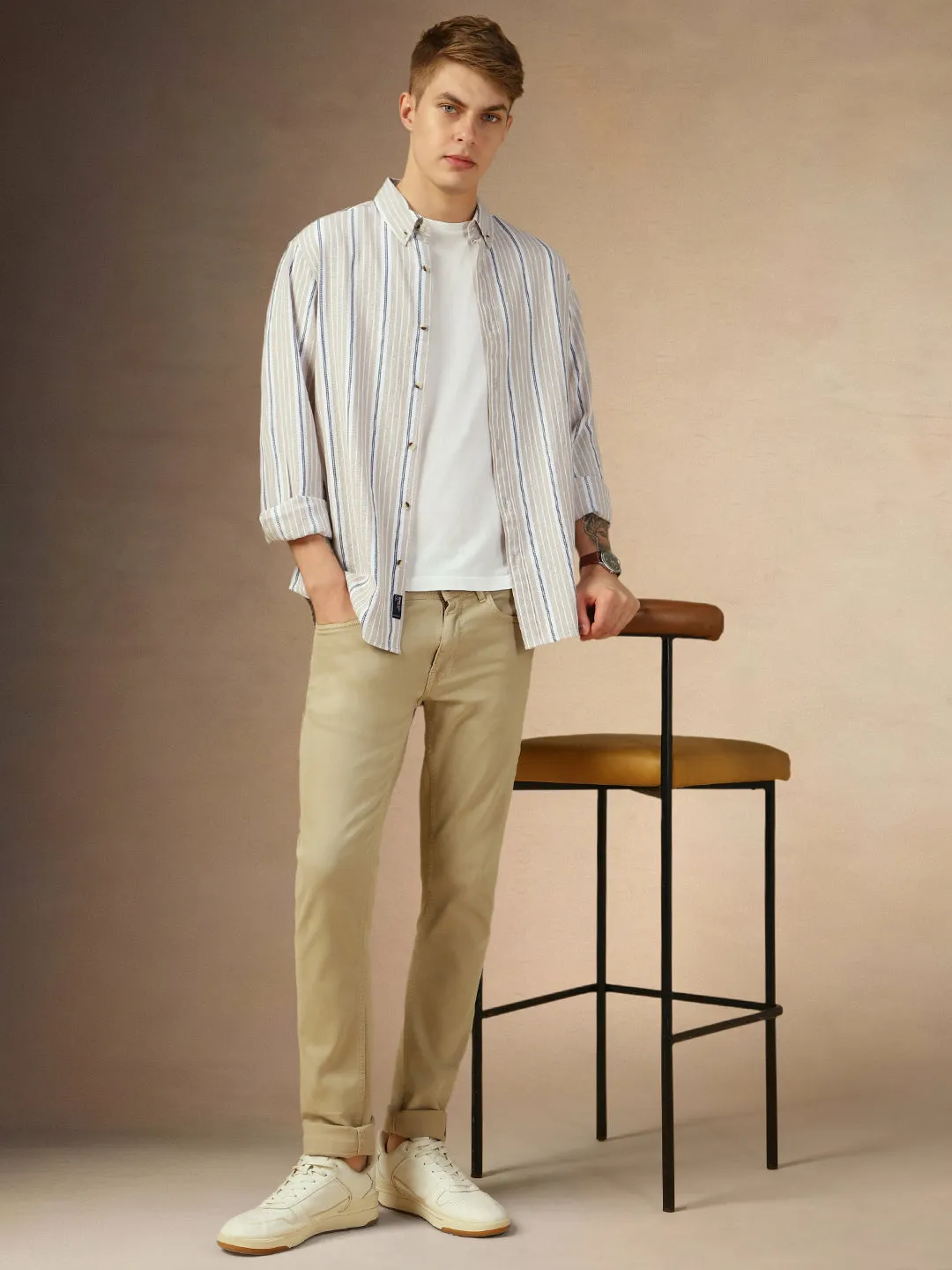 Men's Beige Striped Button Down Collar Full Sleeves Relaxed Fit Shirt