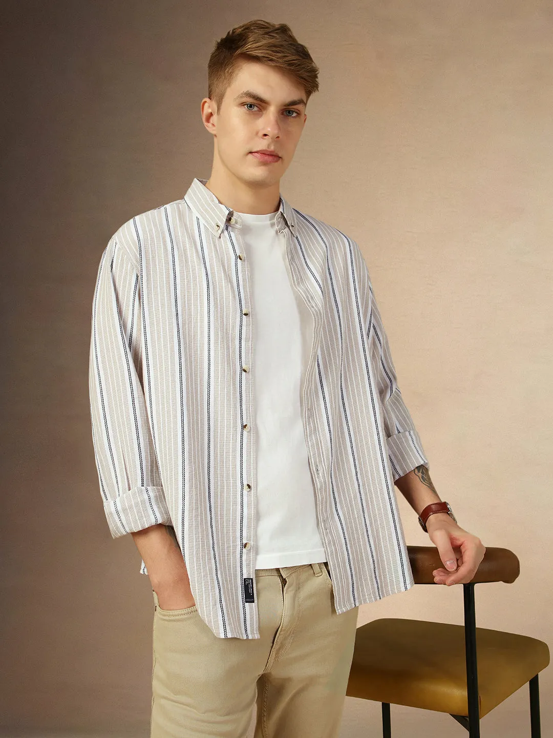 Men's Beige Striped Button Down Collar Full Sleeves Relaxed Fit Shirt