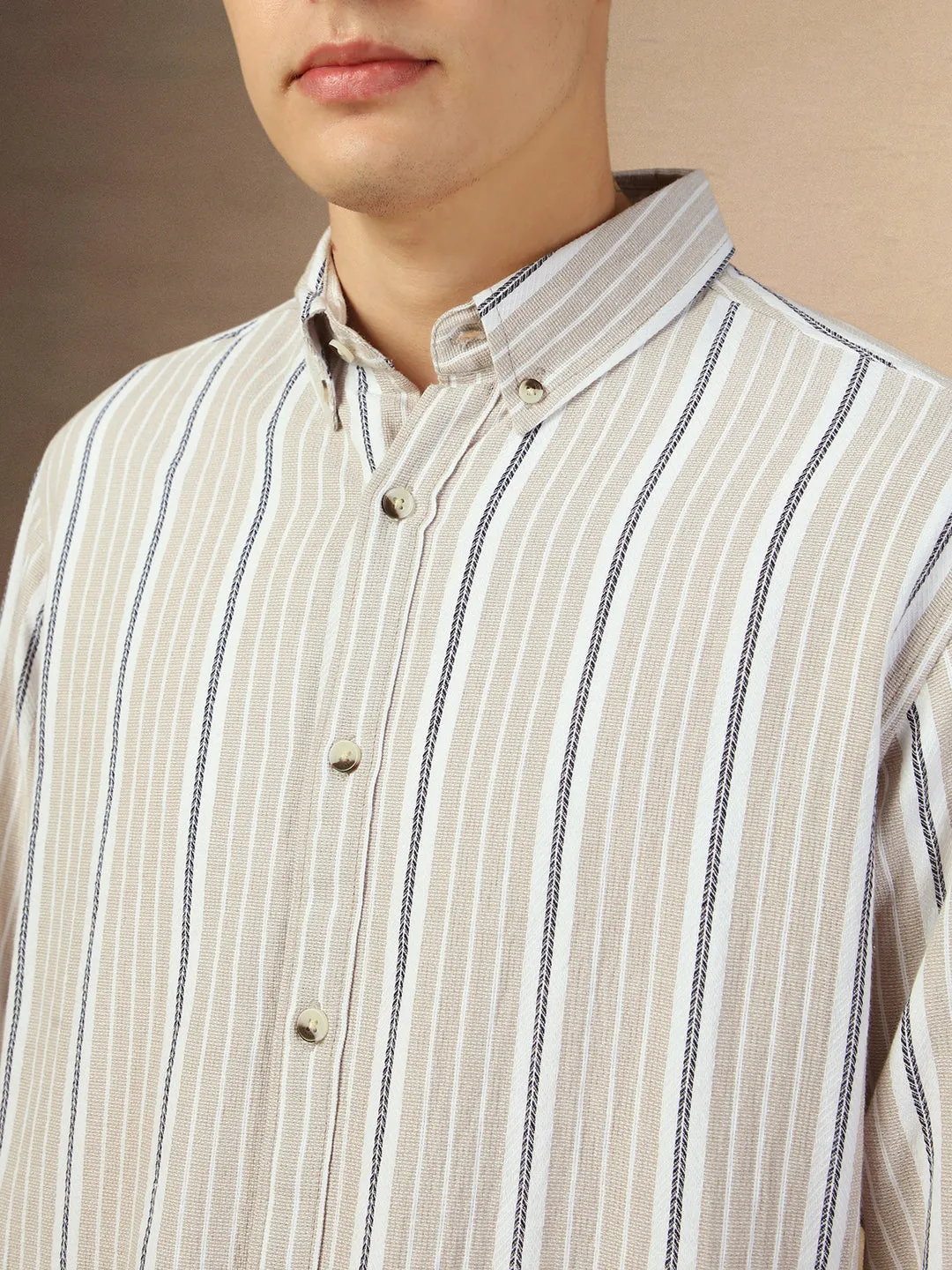 Men's Beige Striped Button Down Collar Full Sleeves Relaxed Fit Shirt