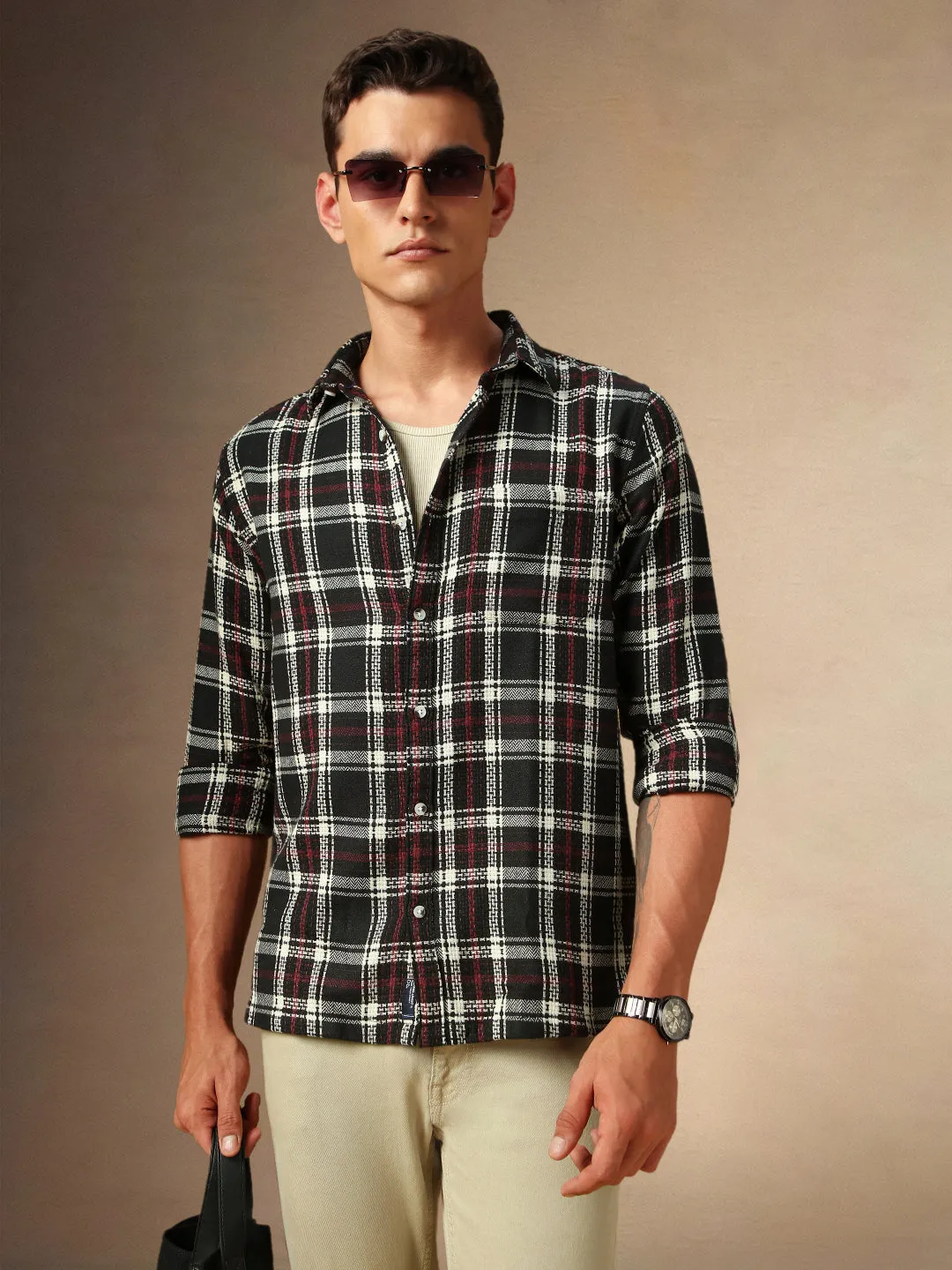 Men's Black Checks Button Down collar Full Sleeves Casual Shirt