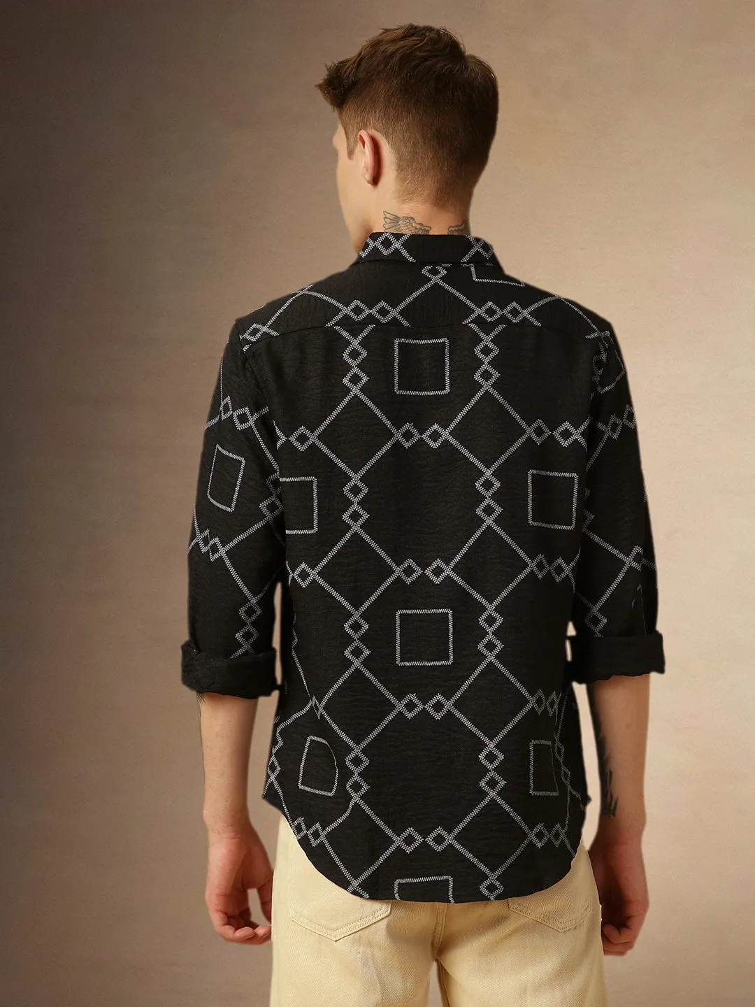 Men's Black Printed Spread Collar Full Sleeves Relaxed Fit Shirt