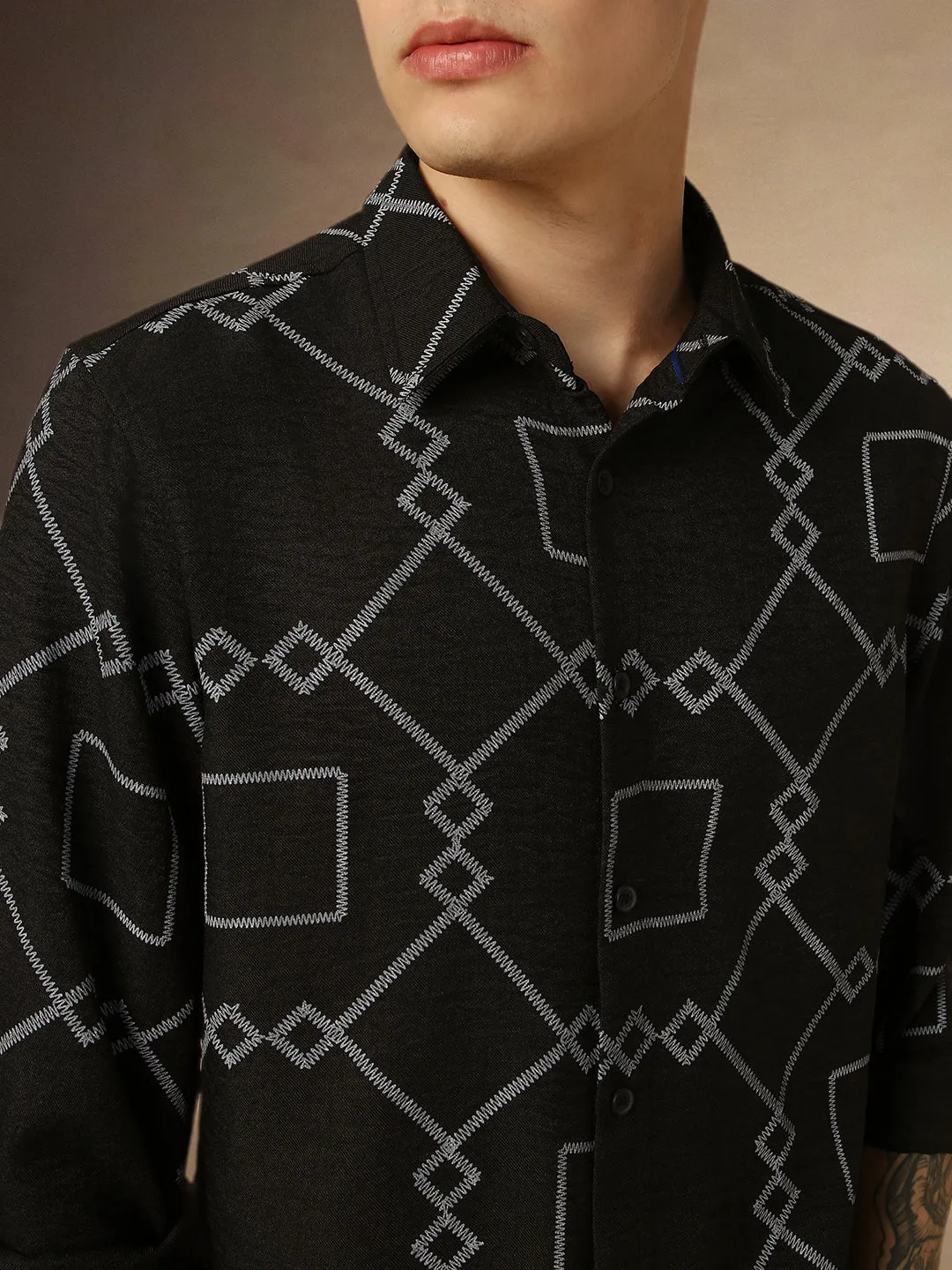 Men's Black Printed Spread Collar Full Sleeves Relaxed Fit Shirt