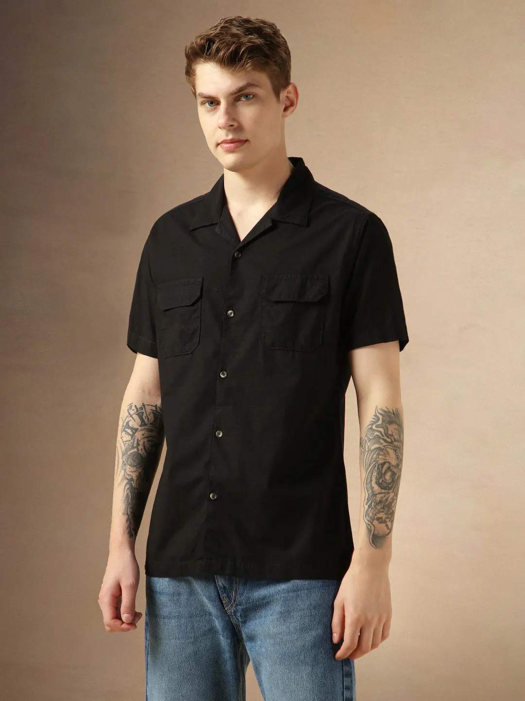 Men's Black Solid Cuban Collar Short Sleeves Relaxed Fit Casual Shirt