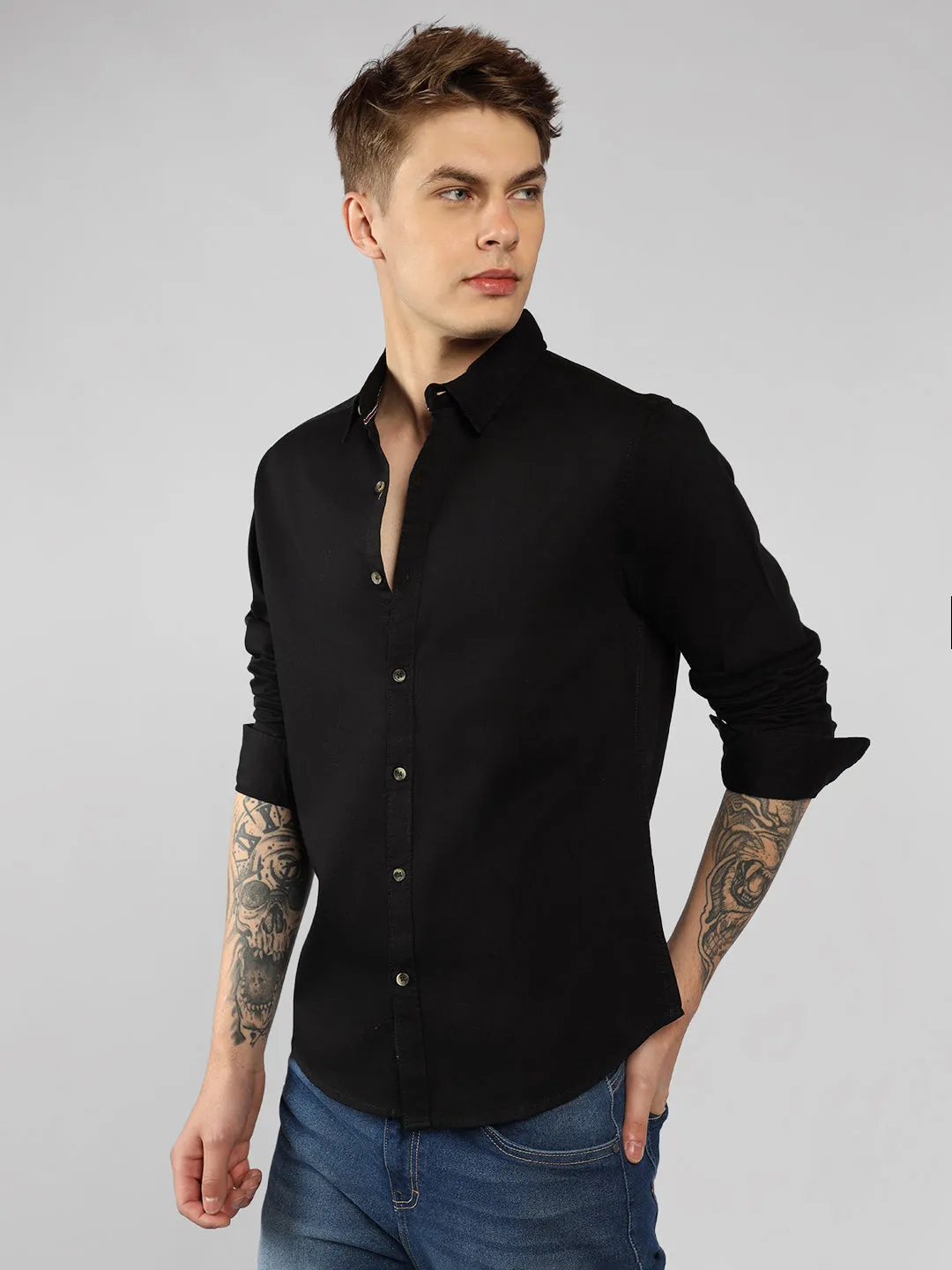 Men's Black Spread Collar Plain Full sleeves Casual Shirt