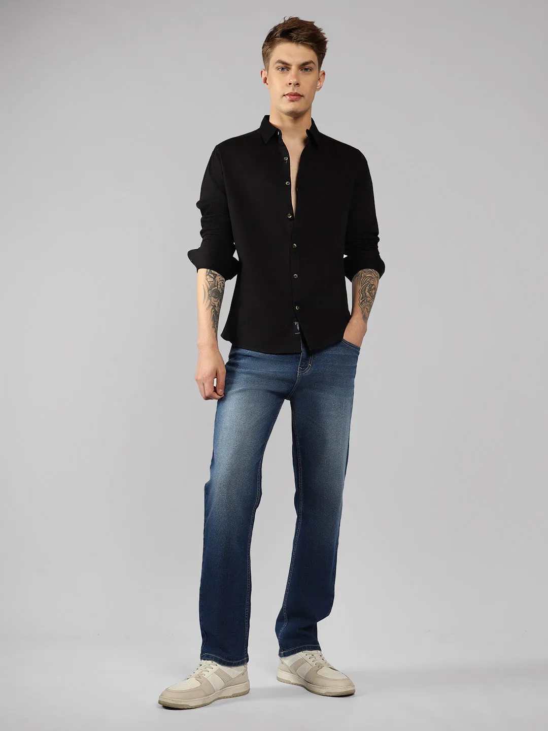 Men's Black Spread Collar Plain Full sleeves Casual Shirt