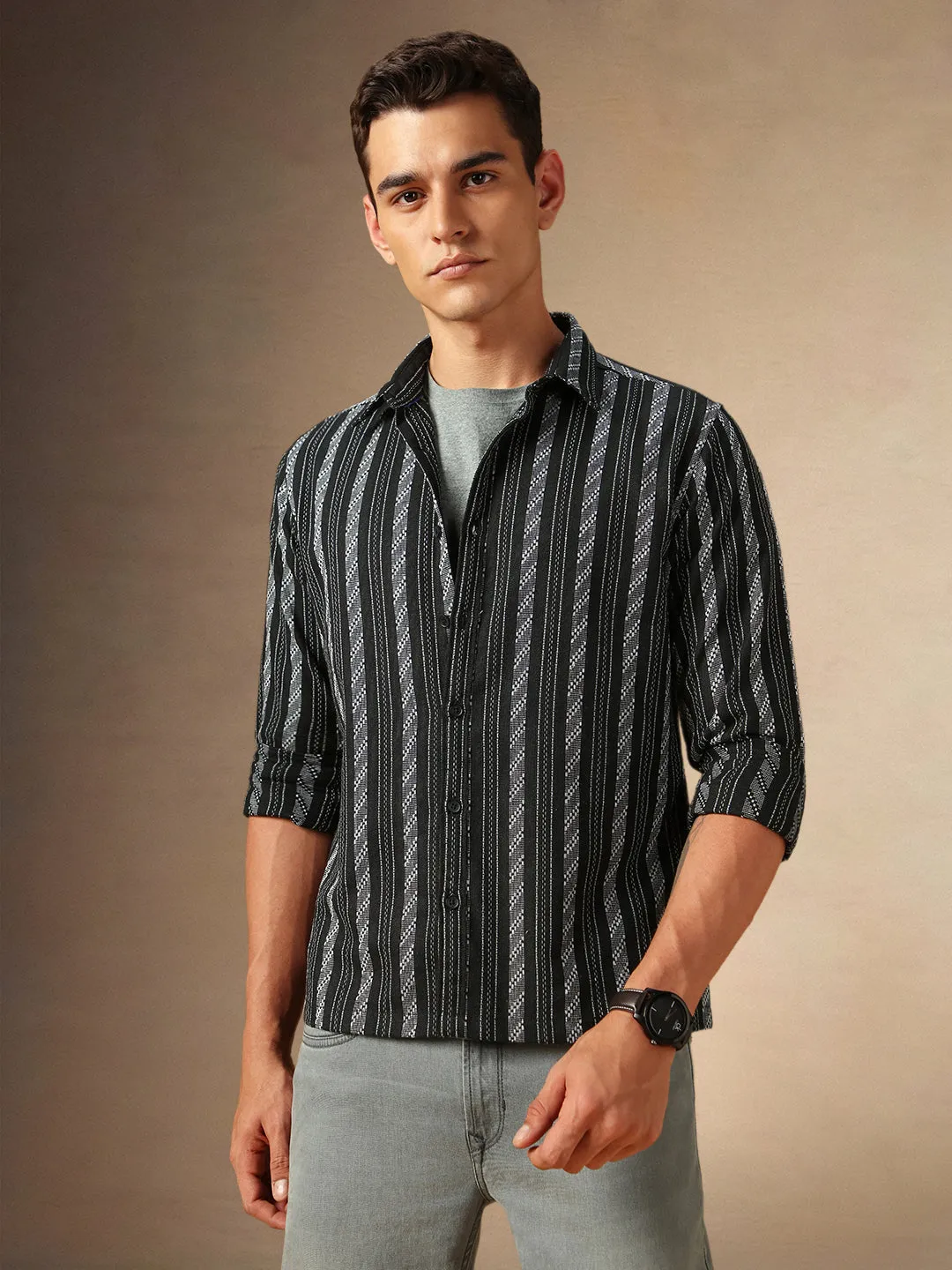 Men's Black Striped Spread Collar Full Sleeves Casual Shirt