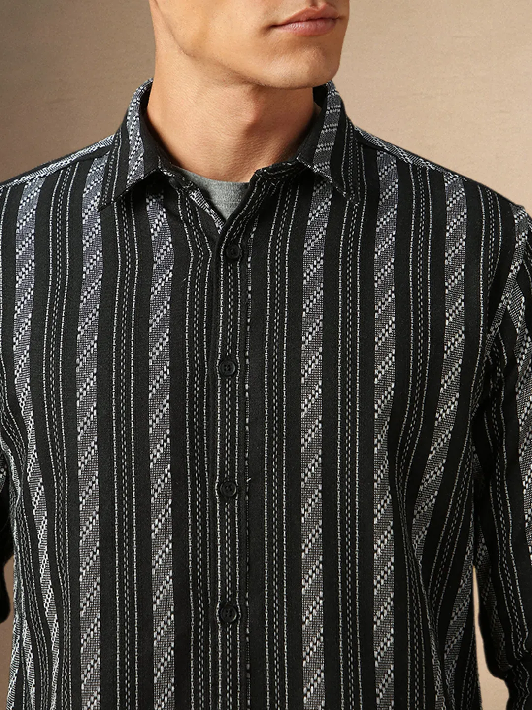 Men's Black Striped Spread Collar Full Sleeves Casual Shirt