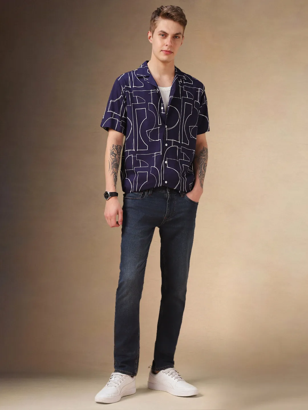 Men's Blue Printed Cuban collar Half Sleeves Shirt