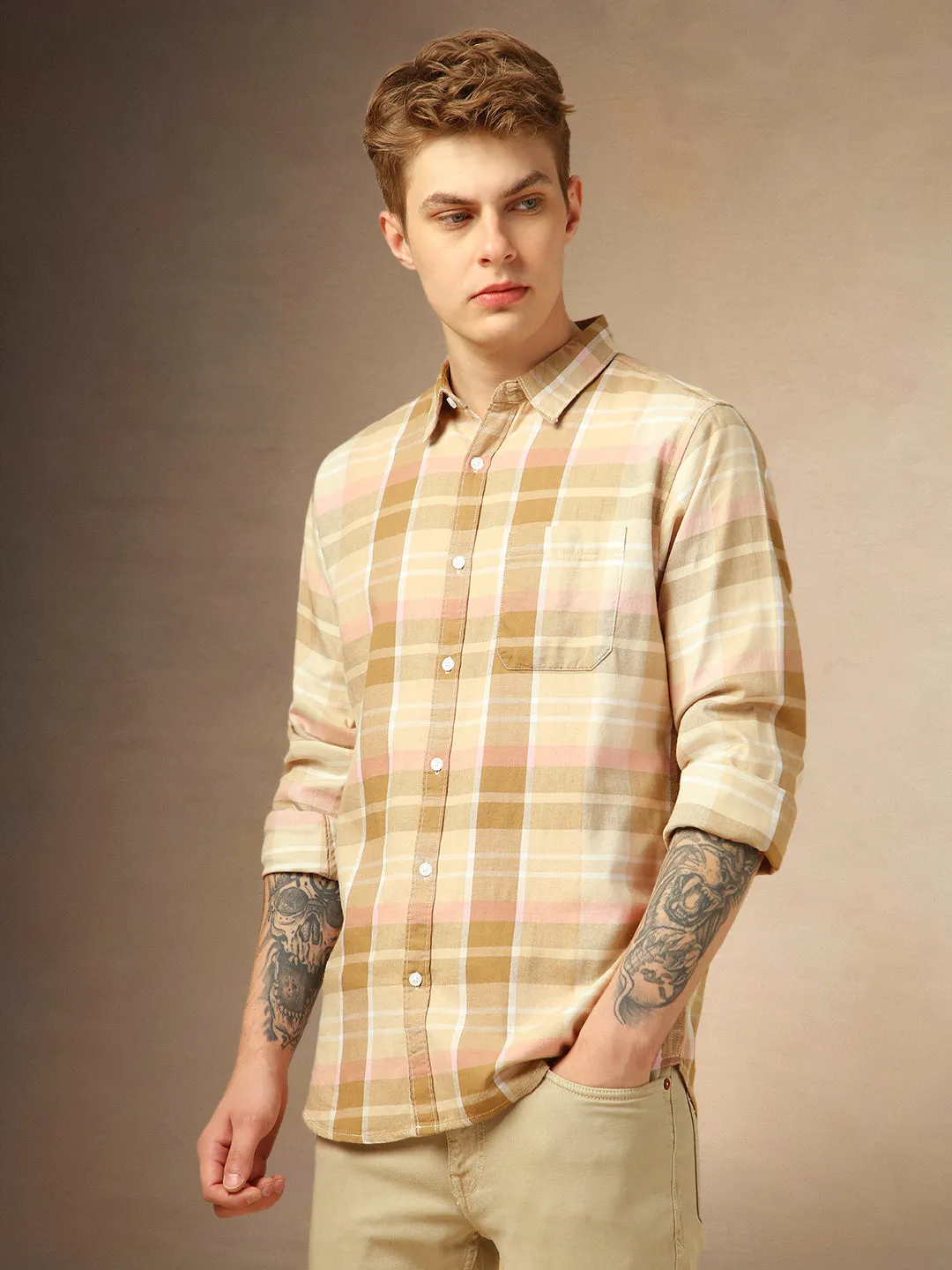 Men's Brown Checks Spread Collar Full Sleeves Shirt