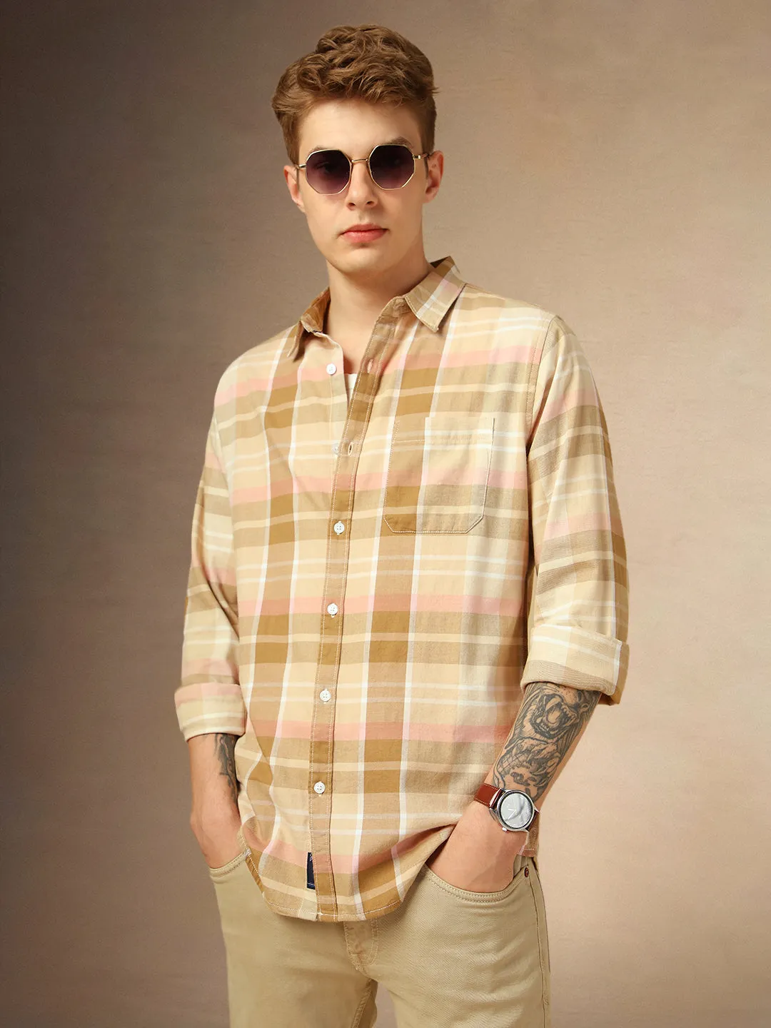 Men's Brown Checks Spread Collar Full Sleeves Shirt