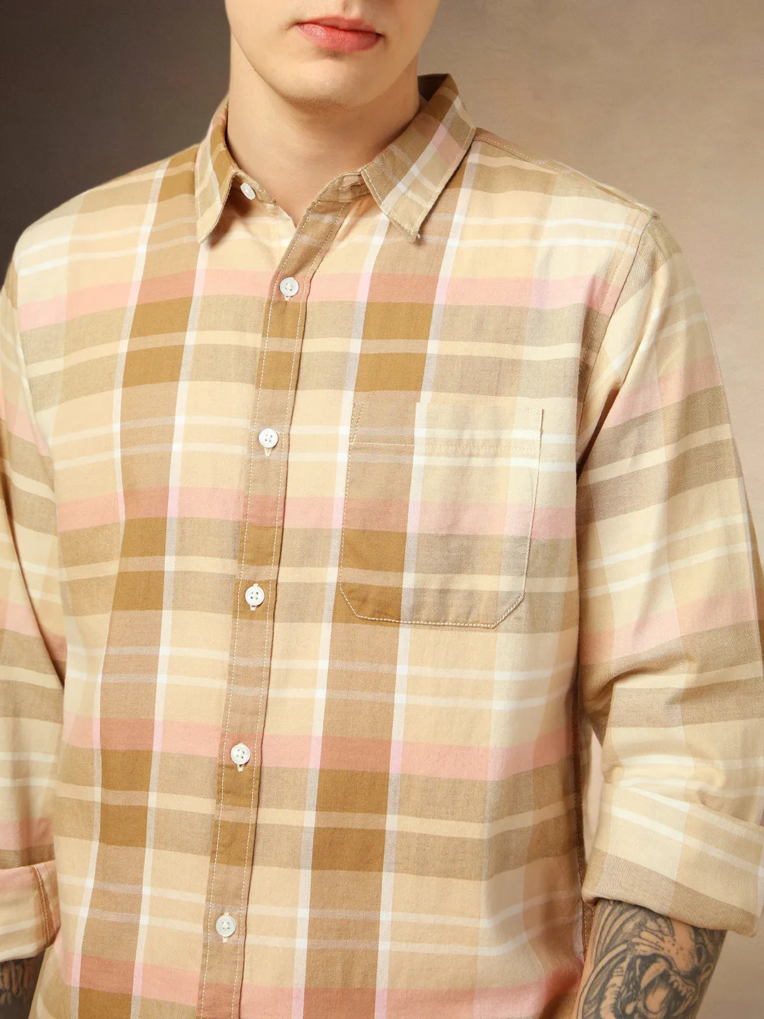 Men's Brown Checks Spread Collar Full Sleeves Shirt