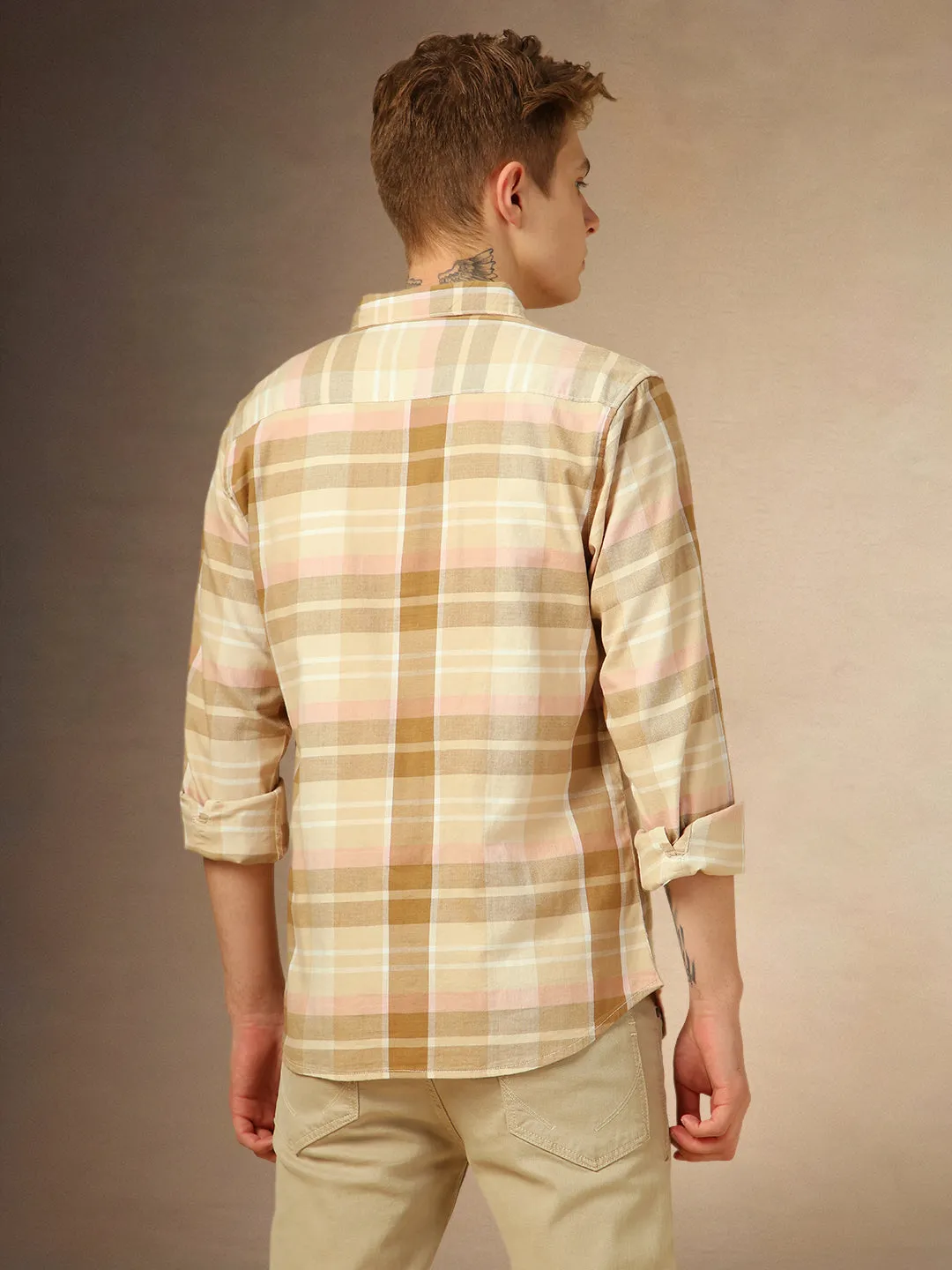 Men's Brown Checks Spread Collar Full Sleeves Shirt