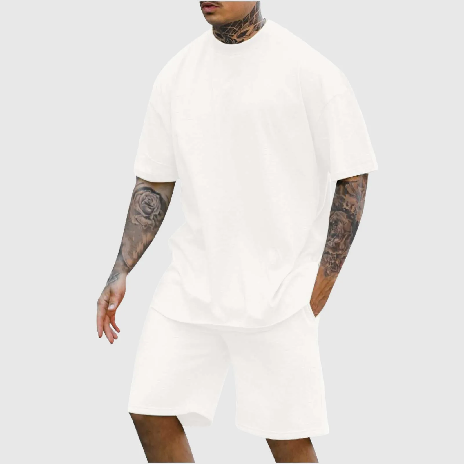 Men's Casual Comfortable Round Neck Drop Shoulder Short Sleeved T-shirt and Shorts Two-piece Outfit Set