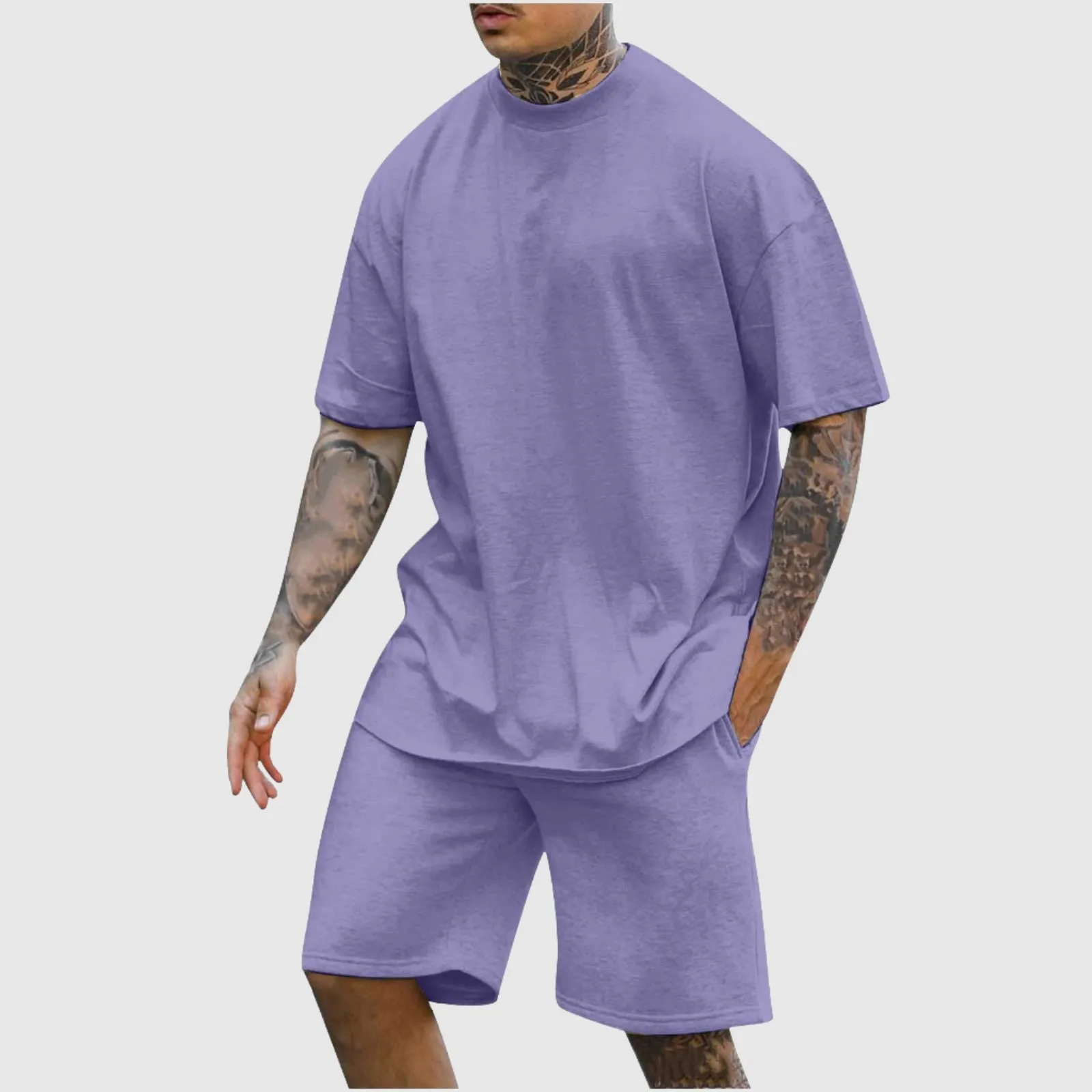 Men's Casual Comfortable Round Neck Drop Shoulder Short Sleeved T-shirt and Shorts Two-piece Outfit Set