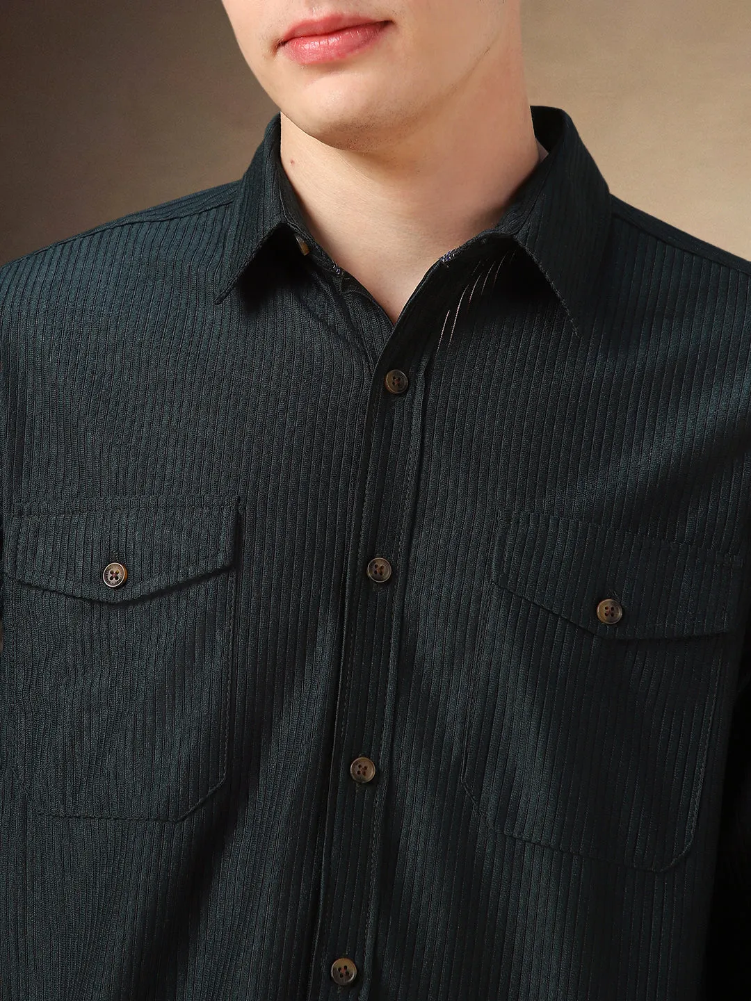 Men's Dark Green Solid Spread Collar Full Sleeves Corduroy Shirt