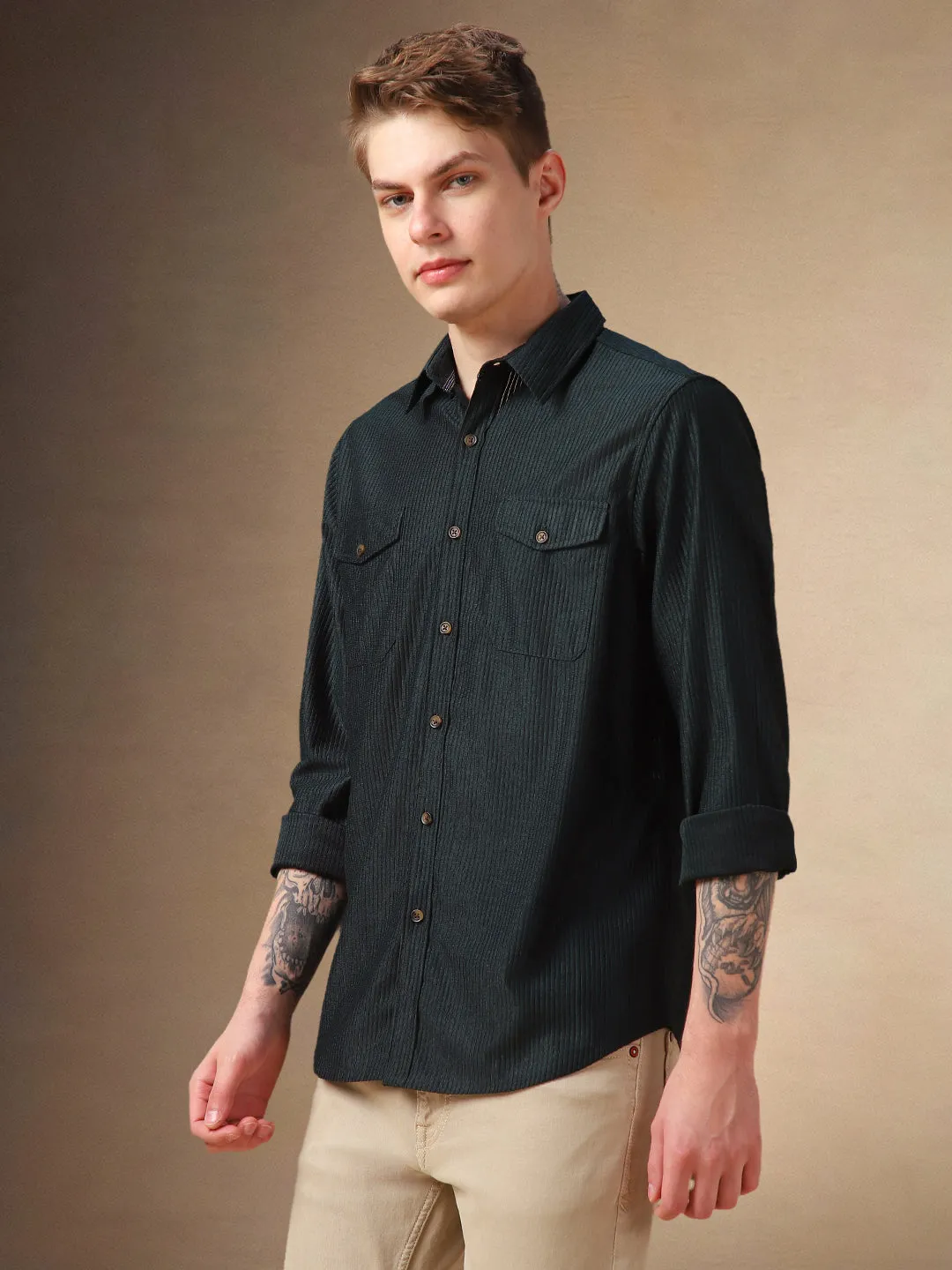 Men's Dark Green Solid Spread Collar Full Sleeves Corduroy Shirt