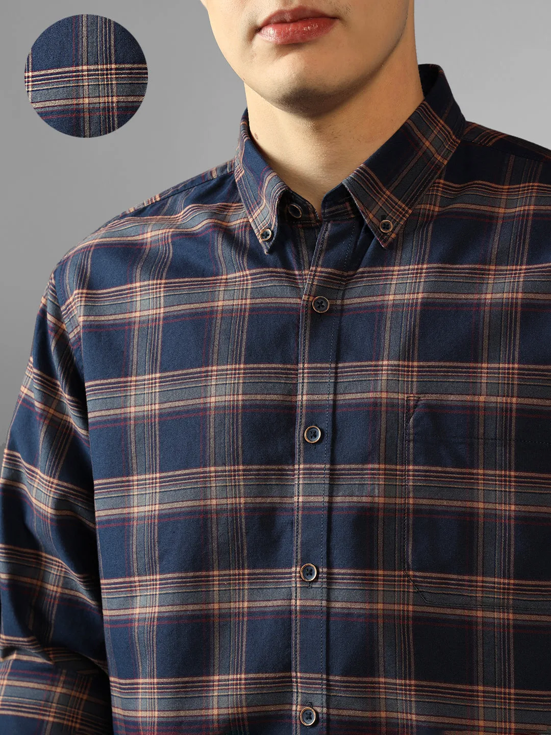 Men's Indigo Checks Spread Collar Full Sleeve Regular Fit Shirt