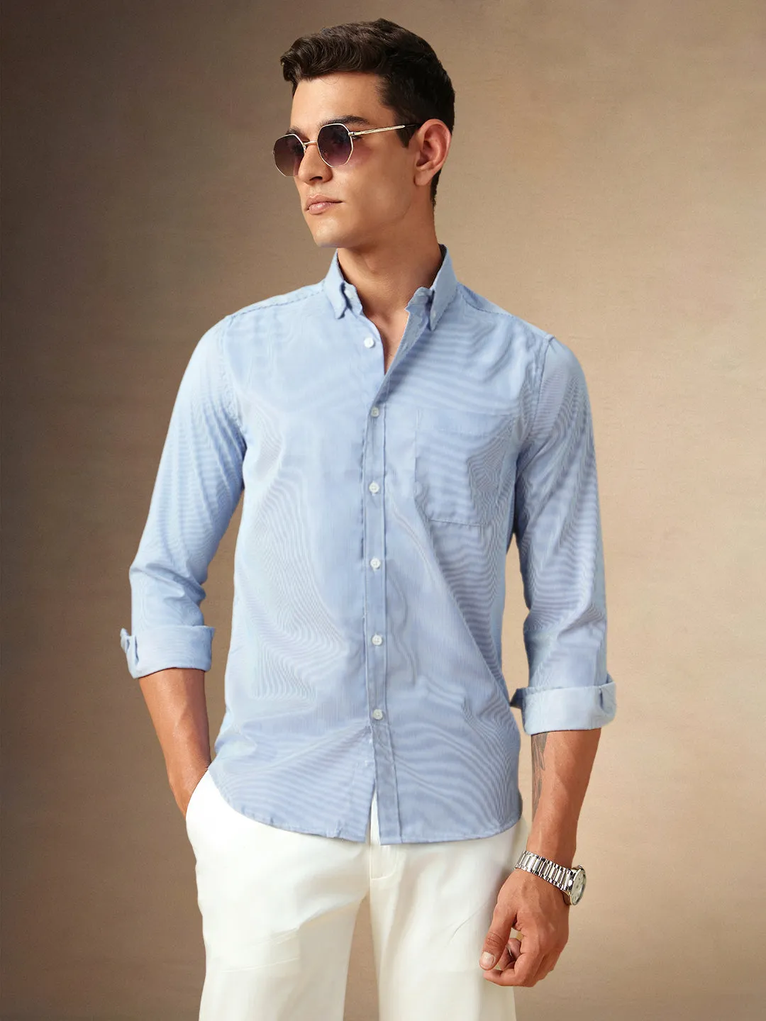 Men's Light Blue Solid Spread Collar Full Sleeves Casual Shirt