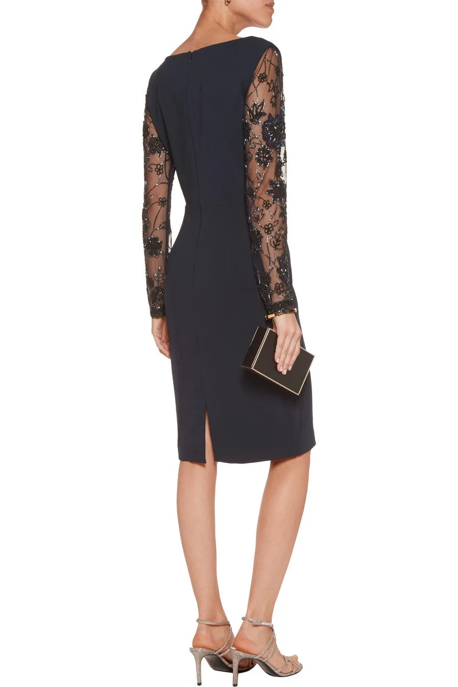 Navy Embellished Long Sleeves Crepe Dress