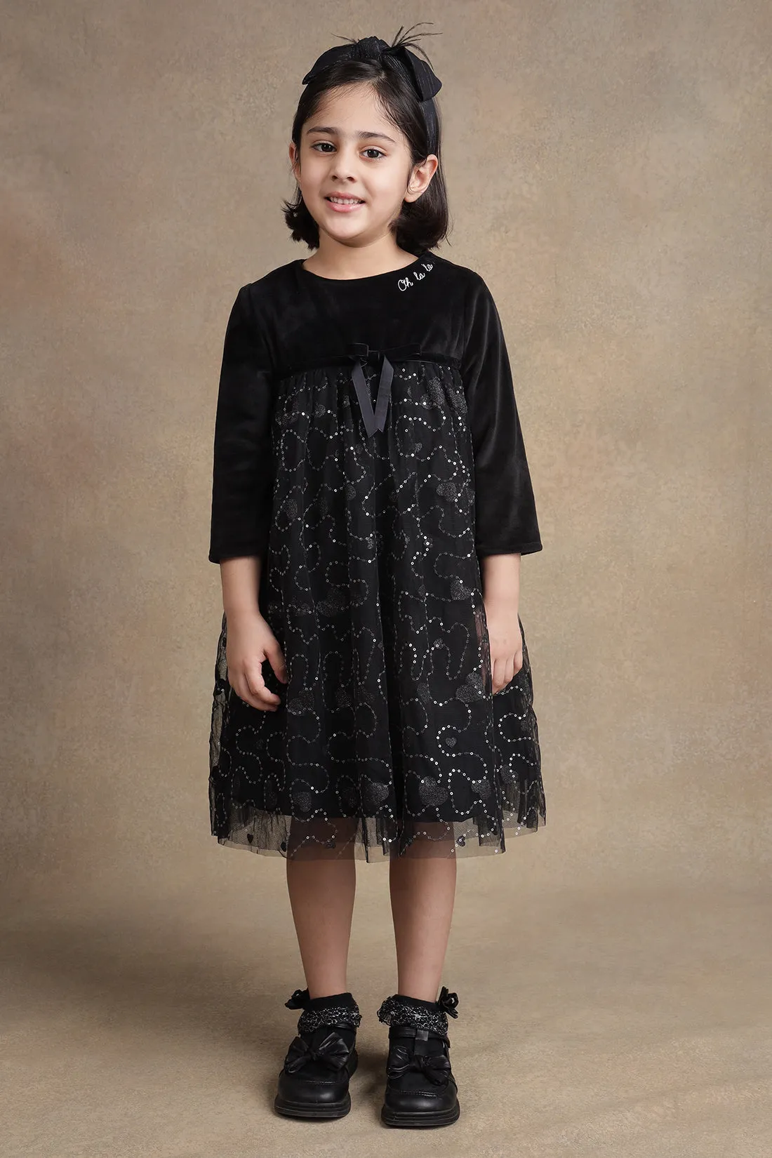 One Friday Kids Girls Black Sequinned Net Party Dress