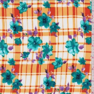 Orange/White Floral Plaid Rayon Challis Fabric