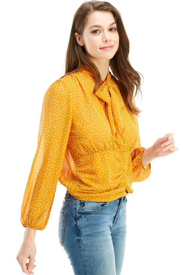 Pin Dot Tie Neck Elastic Waist Long Sleeve Blouse