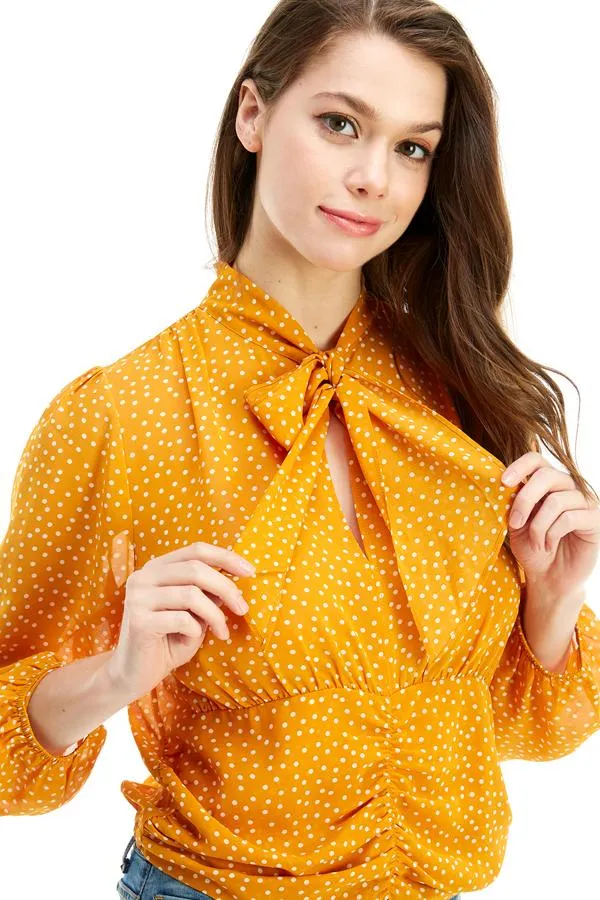 Pin Dot Tie Neck Elastic Waist Long Sleeve Blouse