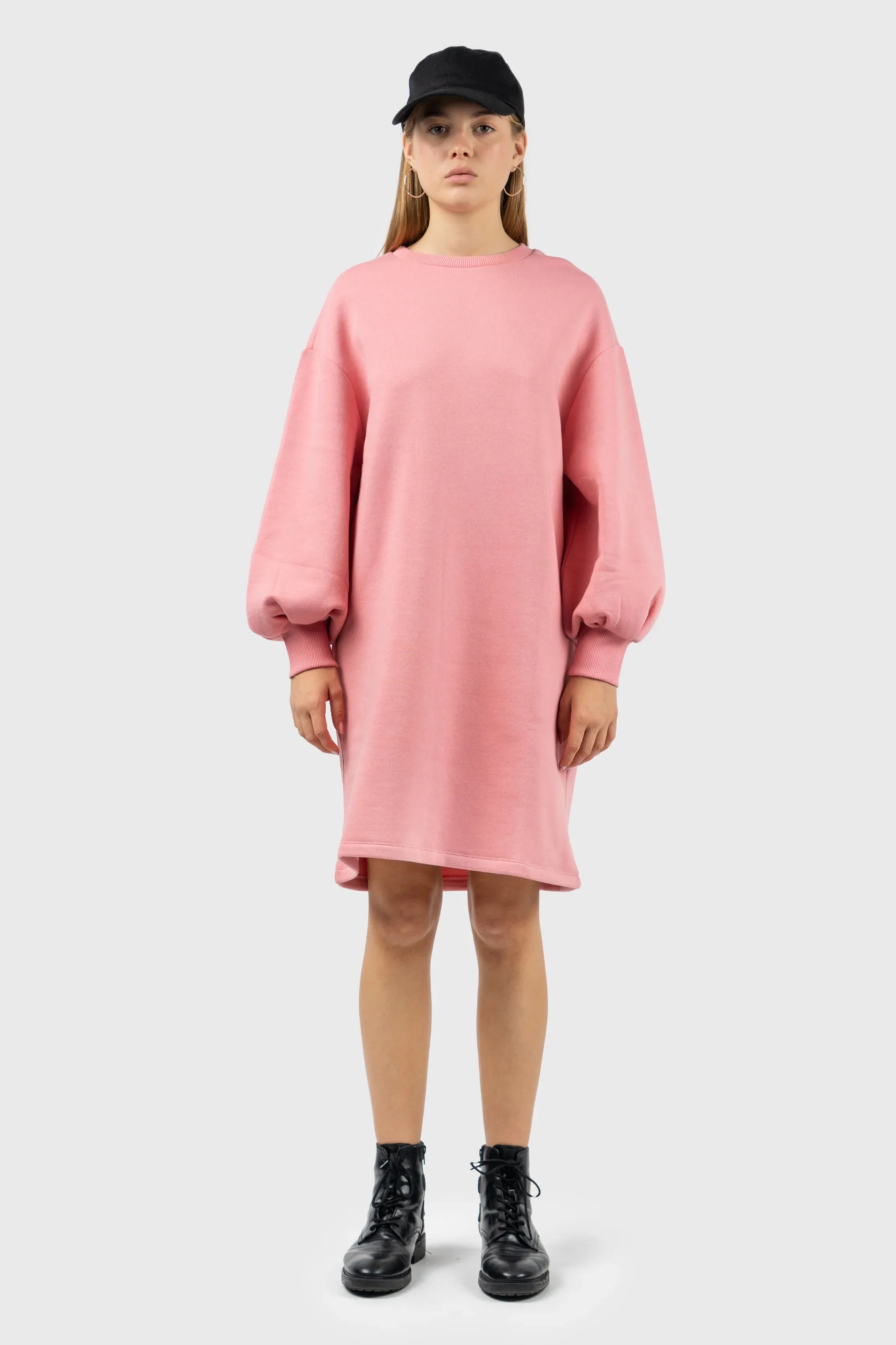 Pink Puff Sleeve Sweatshirt Dress