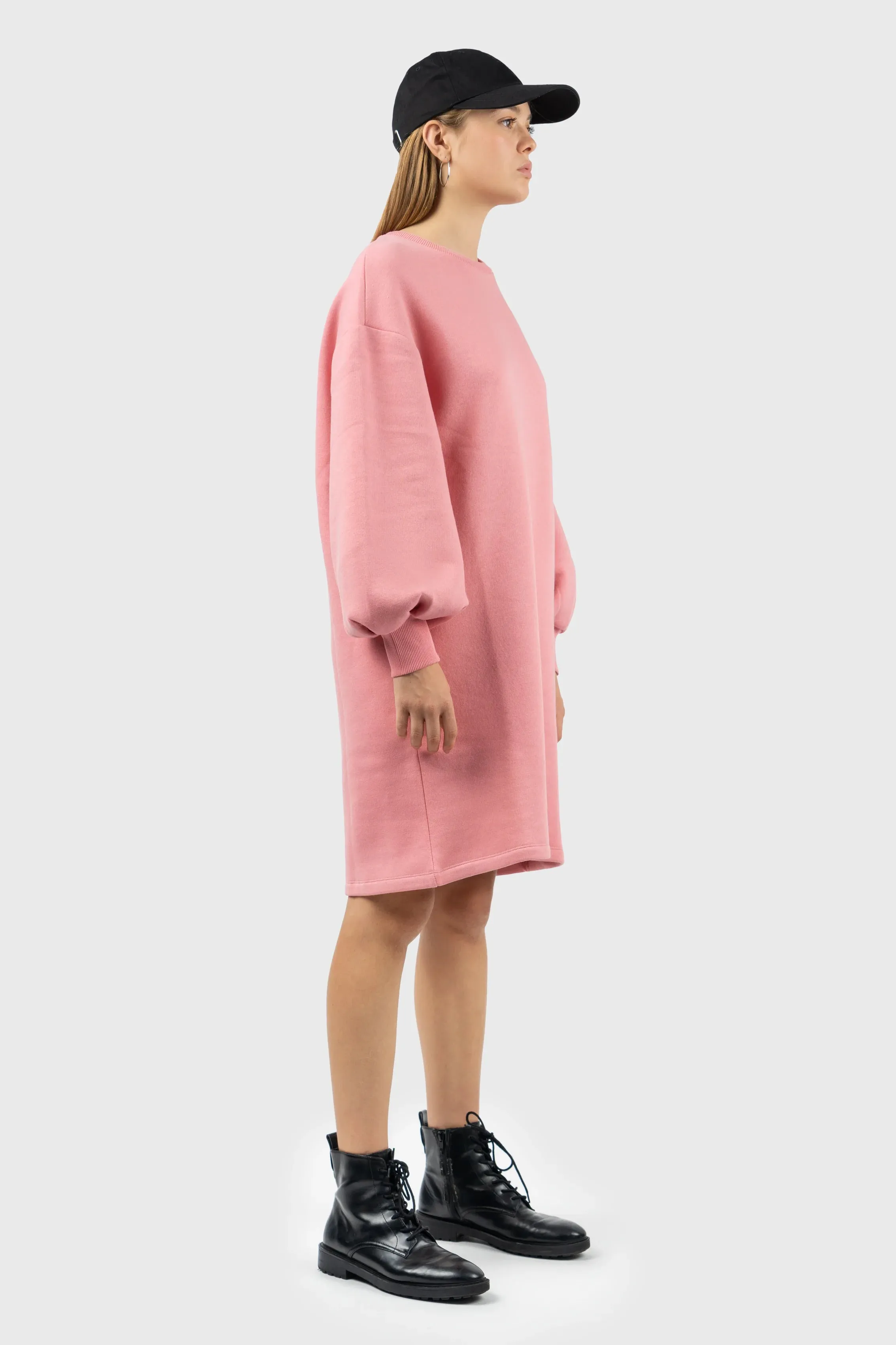 Pink Puff Sleeve Sweatshirt Dress