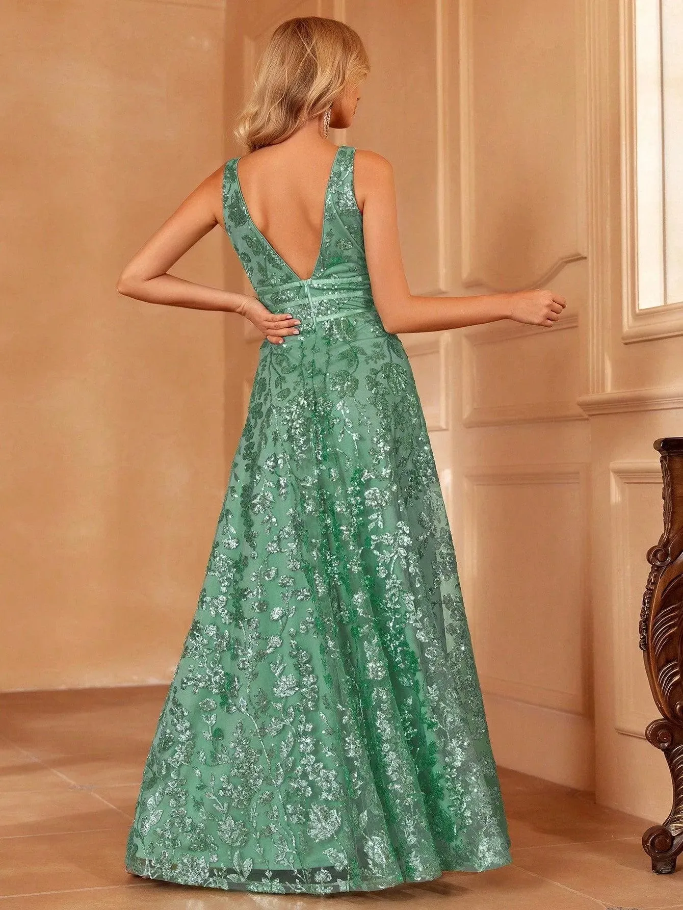 Plunging Neck Sleeveless Embroidered Sequin Dresses