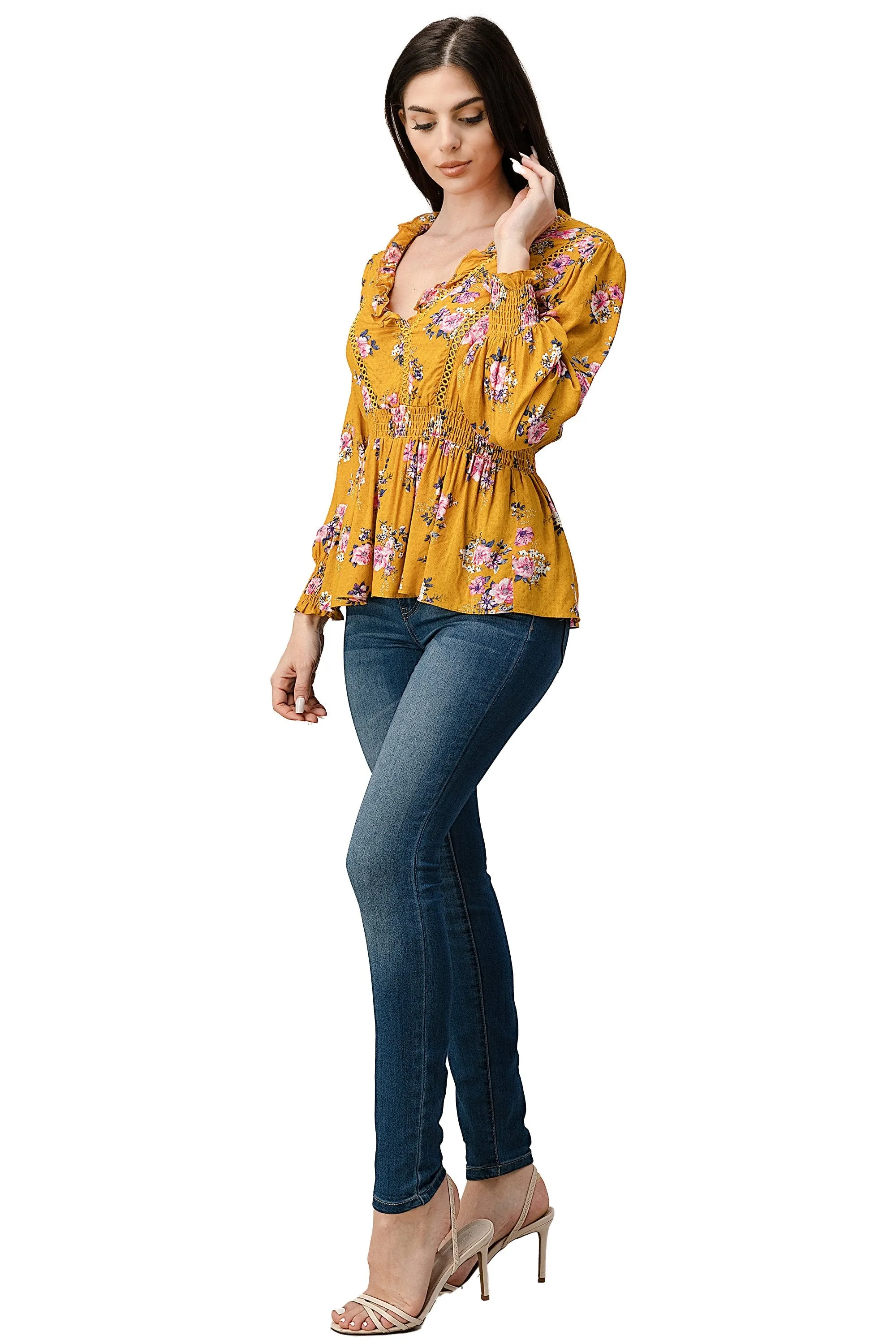 Rayon Challis Floral Ruffle V Neck Blouse Top