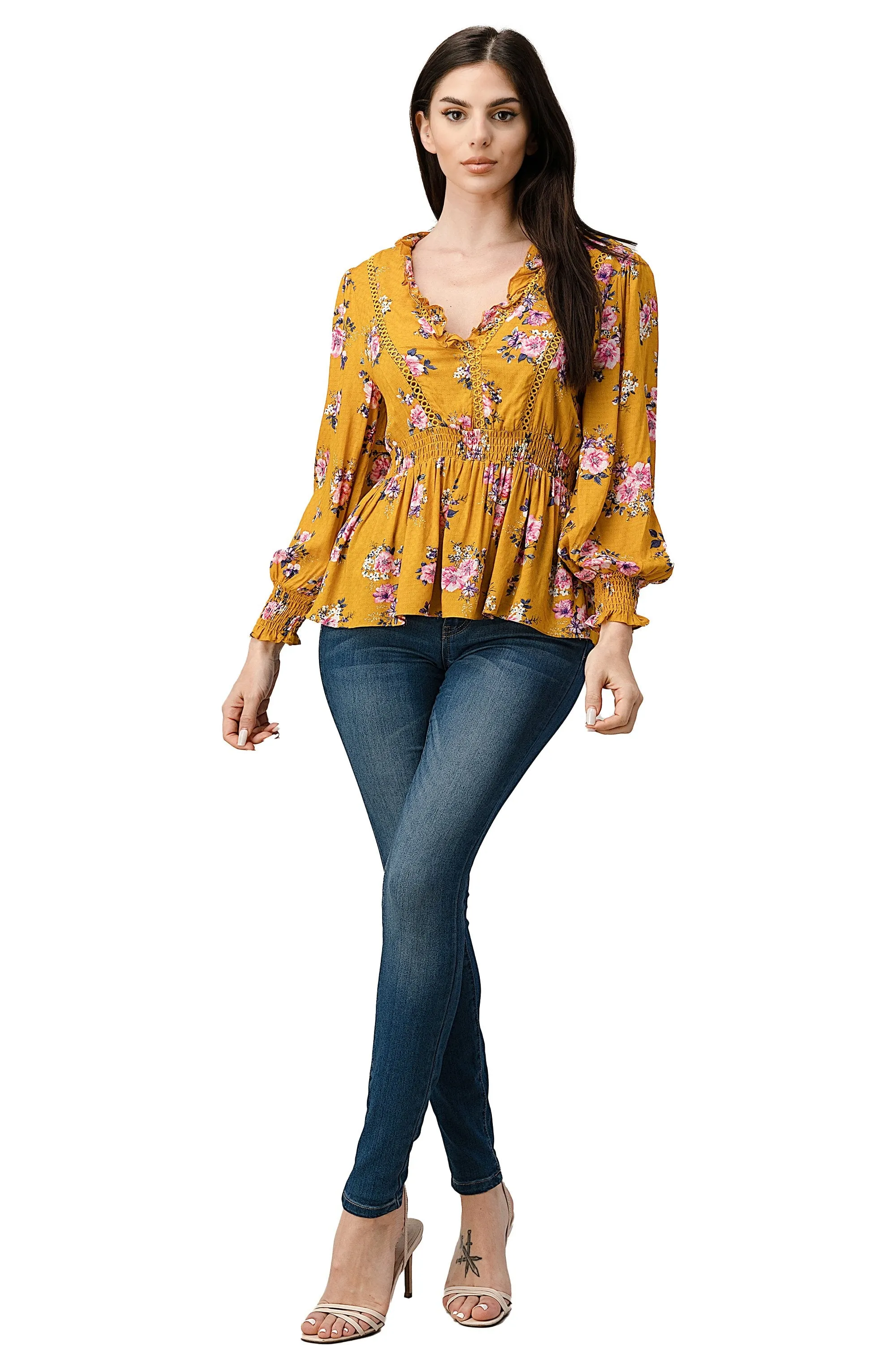 Rayon Challis Floral Ruffle V Neck Blouse Top