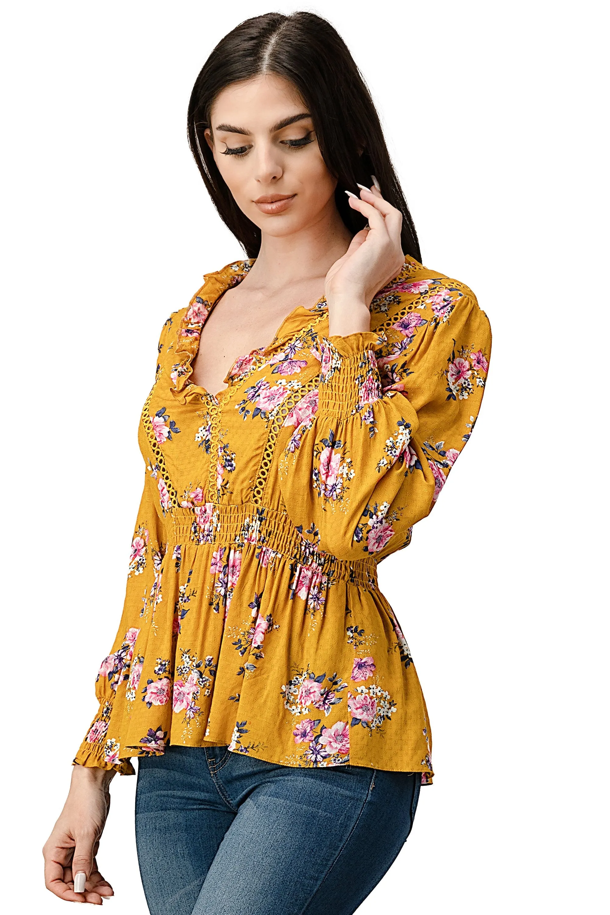 Rayon Challis Floral Ruffle V Neck Blouse Top