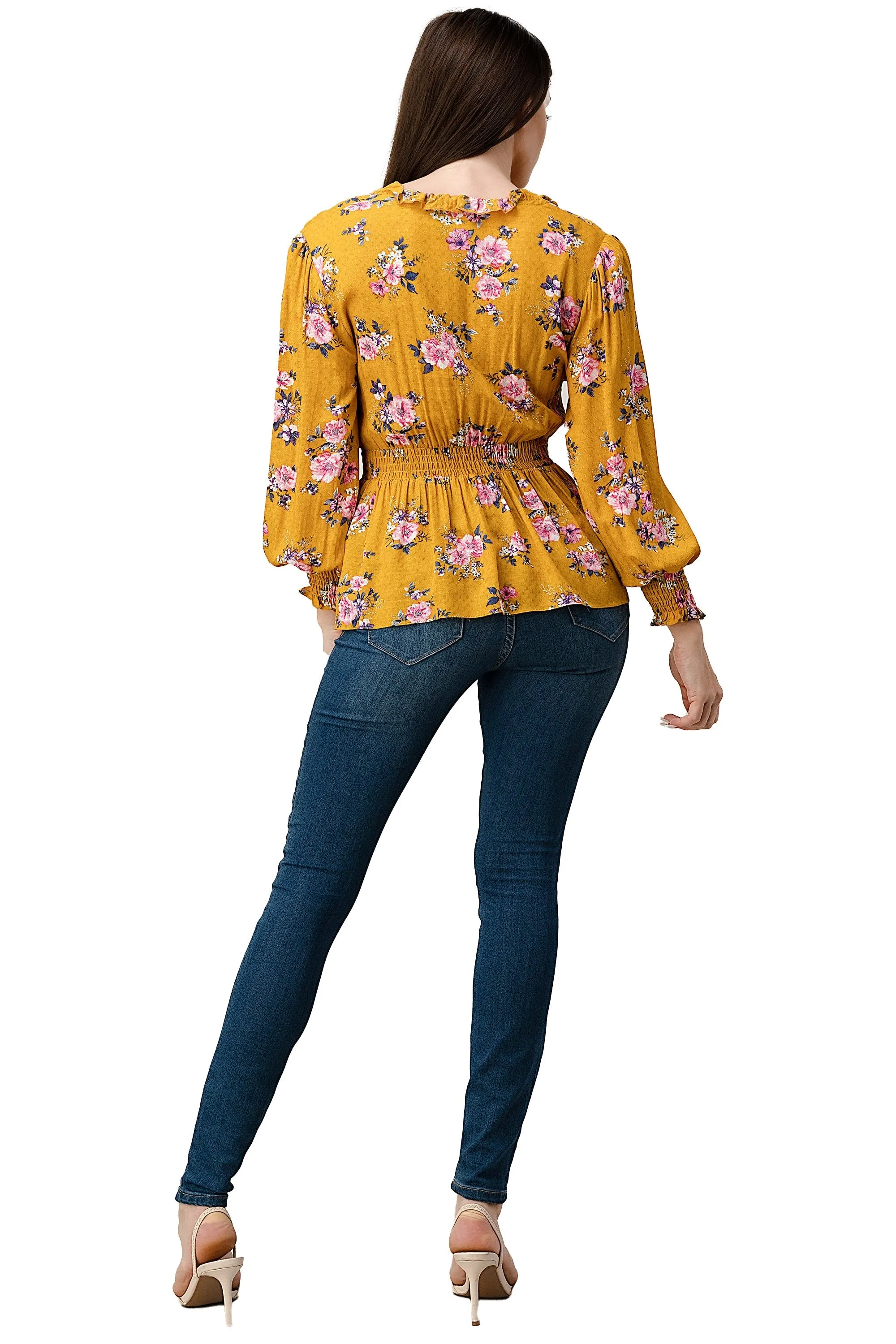 Rayon Challis Floral Ruffle V Neck Blouse Top