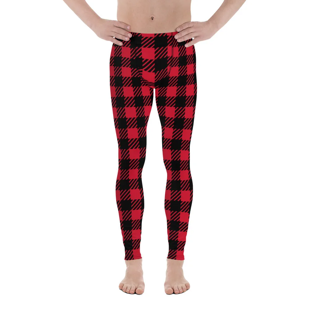 Red Black Plaid Men's Leggings, Plaid Printed Classic Traditional Meggings For Men - Made in USA/EU