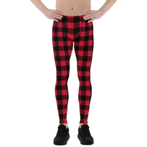 Red Black Plaid Men's Leggings, Plaid Printed Classic Traditional Meggings For Men - Made in USA/EU