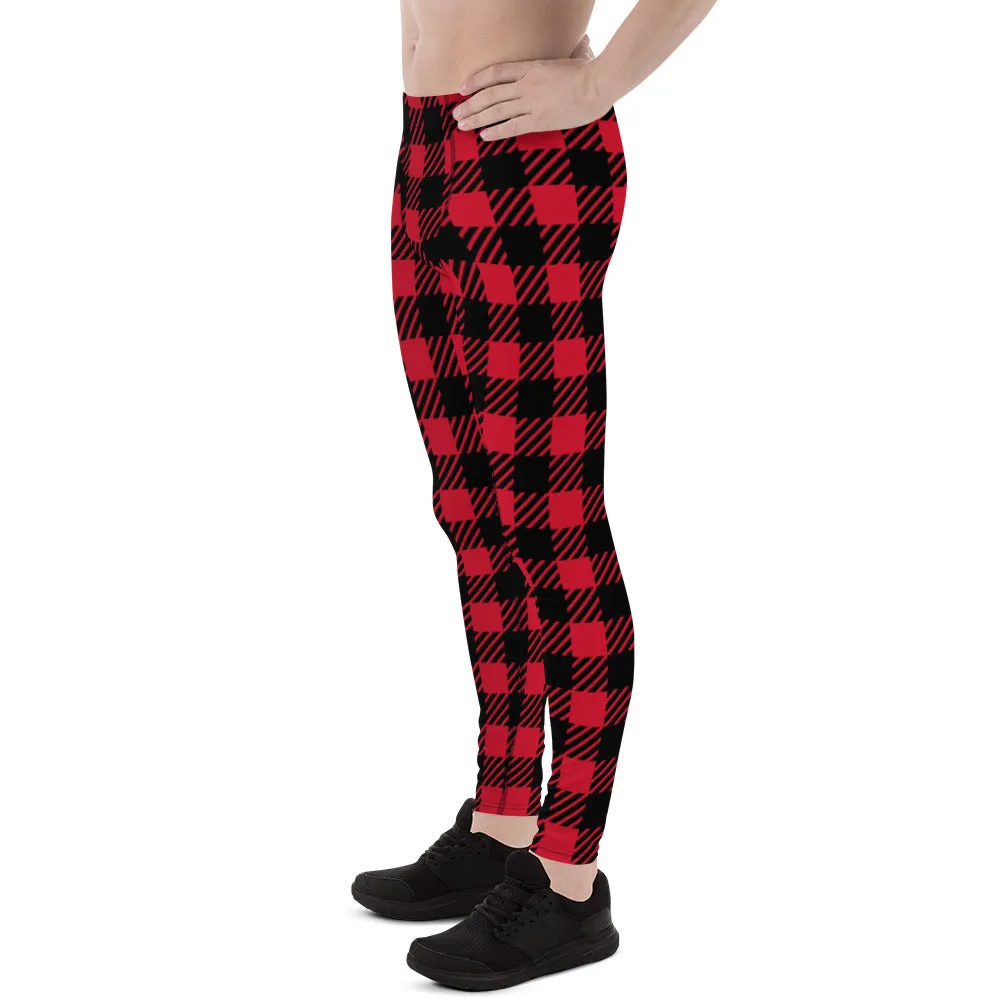 Red Black Plaid Men's Leggings, Plaid Printed Classic Traditional Meggings For Men - Made in USA/EU