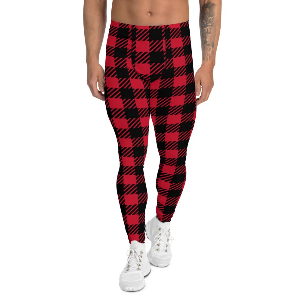 Red Black Plaid Men's Leggings, Plaid Printed Classic Traditional Meggings For Men - Made in USA/EU