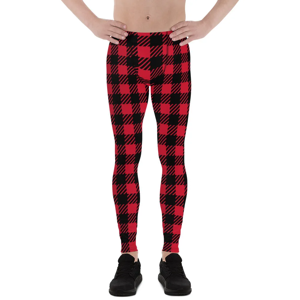 Red Black Plaid Men's Leggings, Plaid Printed Classic Traditional Meggings For Men - Made in USA/EU