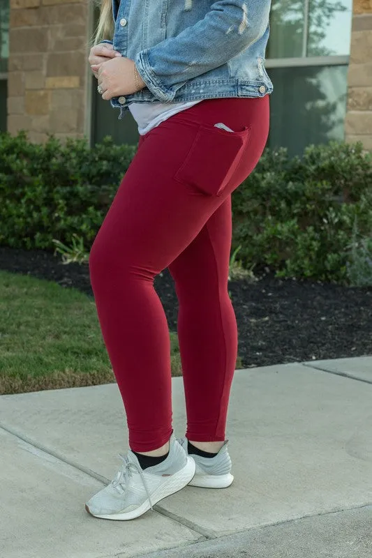 Red Full-Length Leggings with Pocket